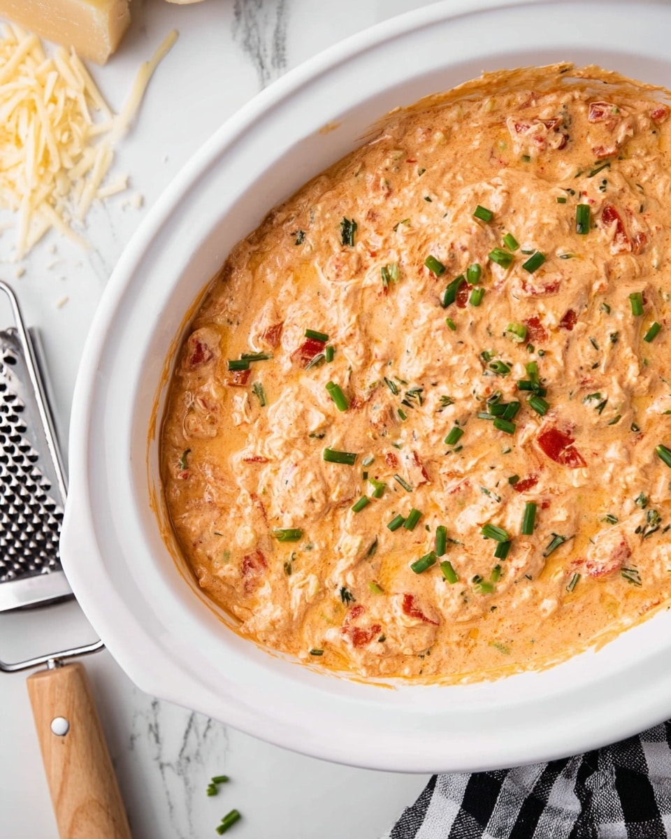 The image shows a creamy dip in a white oval dish placed on a white marbled surface. The dip is thick and textured, with a light orange color mixed with small pieces of red (likely tomatoes) and green herbs, scattered throughout the surface. There are also small chopped green onion pieces sprinkled on top, adding a fresh contrast to the creamy dip. The edges of the dish show some slight residue of the dip, indicating it has been freshly served. Nearby, a cheese grater and some shredded cheese can be seen, alongside part of a black and white checkered cloth and a knife with a light wooden handle. Photo taken with an iphone --ar 4:5 --v 7