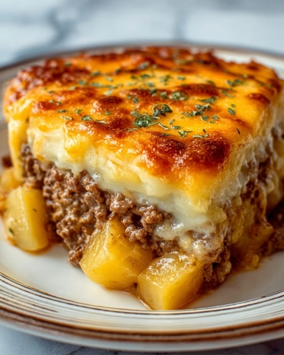A close-up image of a thick slice of cottage pie on a white plate with a white marbled surface background. The bottom layer consists of chunky golden potato pieces, above them is a thick layer of brown cooked ground beef mixed with small bits of onion, and the top layer is a generous covering of melted golden-brown cheese with a bubbly, slightly crispy texture. The cheese is richly browned in spots, adding a crispy look, and finely chopped herbs are sprinkled on top for a touch of green. Photo taken with an iphone --ar 4:5 --v 7