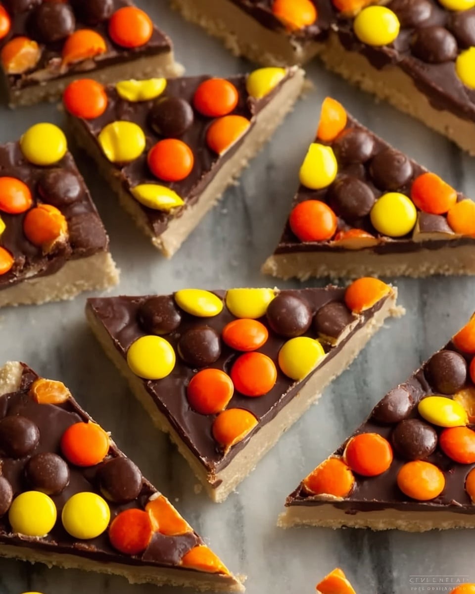 The image shows several triangle-shaped dessert pieces arranged on a white marbled surface. Each piece has three distinct layers: the bottom layer is a thick, light beige color with a smooth texture; the middle layer is a thin, dark chocolate brown layer that covers the beige base fully; the top layer consists of small round candy pieces in bright yellow, orange, and brown colors scattered evenly on the chocolate layer. The candies have a shiny, slightly glossy texture. Photo taken with an iphone --ar 4:5 --v 7