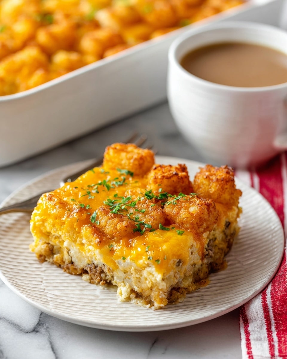 The image shows a square slice of a baked tater tot casserole on a white plate with a simple textured pattern. The dish has three main layers: the bottom is a light, soft, creamy layer mixed with cooked ground meat and bits of seasoning; the middle has a thick layer of melted golden-yellow cheddar cheese merged with cooked eggs, giving it a smooth, rich texture; the top layer is covered with crispy, browned tater tots in a golden-orange color with some green chopped herbs scattered on top for garnish. In the background, there is a white casserole dish filled with more of the same baked dish, and a white cup filled with a light brown liquid. A red and white striped cloth is placed near the plate on a white marbled surface. photo taken with an iphone --ar 4:5 --v 7