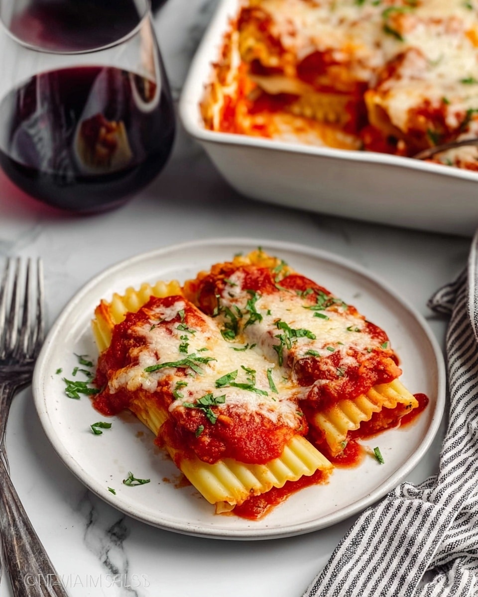 A white plate holds two pieces of baked pasta layered with bright red tomato sauce, melted white cheese, and sprinkled fresh green herbs. The pasta is a light yellow color with ridges, placed side by side. Part of a white baking dish filled with more pasta covered in sauce and cheese is visible in the top right corner. A glass of dark red wine sits to the left on a white marbled surface, next to a fork. A striped cloth is partially visible on the right side. The photo taken with an iphone --ar 4:5 --v 7