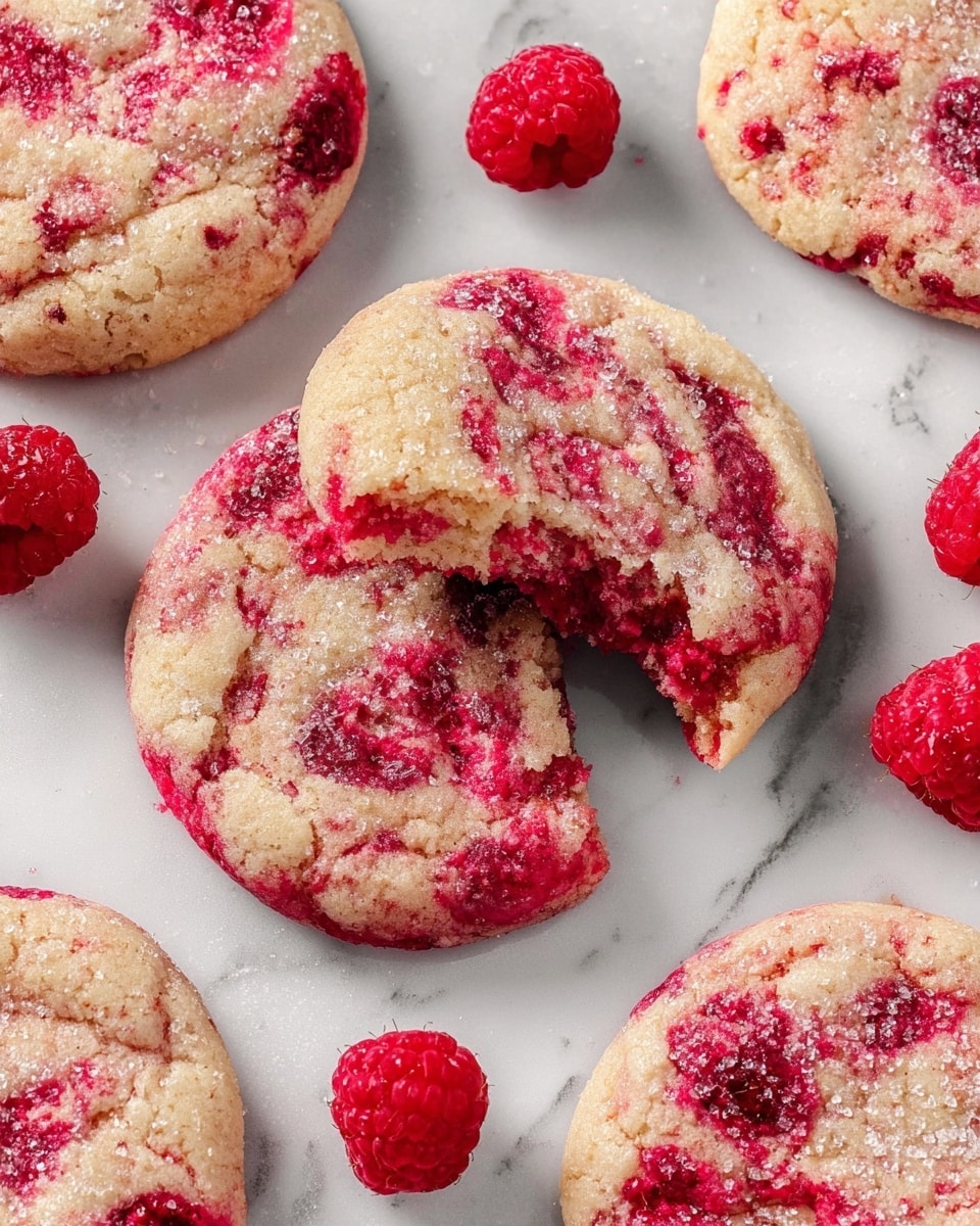 The image shows several round, soft-looking raspberry cookies placed on a white marbled surface. Each cookie has a light beige base with vibrant red and pink spots of raspberry mixed throughout, giving a marbled effect. The surface of the cookies is slightly textured and sprinkled with coarse sugar, adding a shiny sparkle. One cookie in the center has a bite taken out of it, revealing a soft and moist interior. Fresh whole raspberries are scattered around the cookies, adding a fresh bright red color contrast. photo taken with an iphone --ar 4:5 --v 7