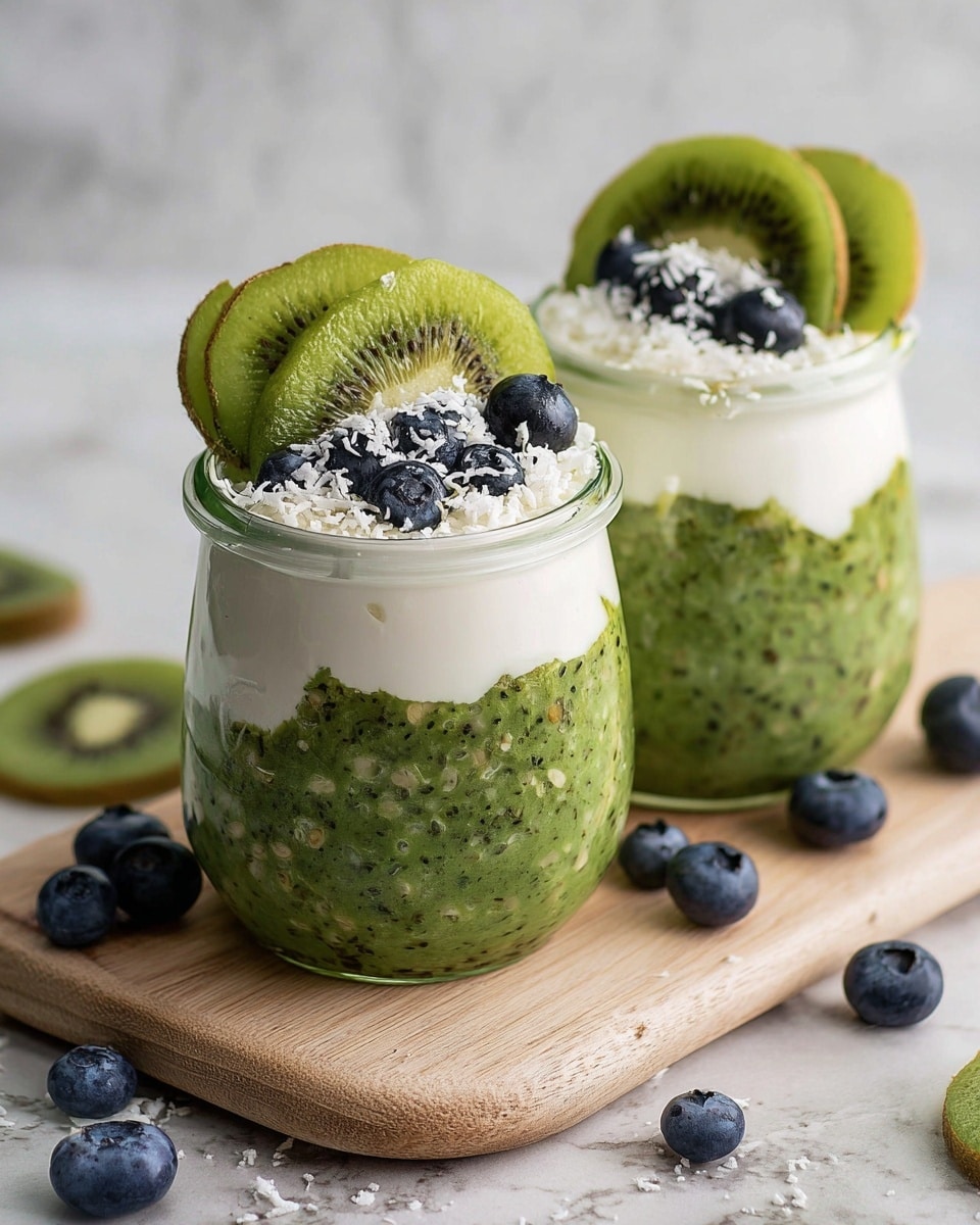 Two glass jars each hold a layered dessert placed on a light wood board with a white marbled background. The bottom layer is a thick and chunky green mixture with visible small seeds and bits, filling about three-quarters of each jar. On top, there is a smooth white cream layer covering the green base fully. The cream layer is decorated with thin slices of green kiwi fruit arranged on one side, a small cluster of whole and halved dark blueberries in the center, and a sprinkling of white shredded coconut over everything. Around the jars on the board and the white marbled surface are scattered fresh blueberries and slices of kiwi. photo taken with an iphone --ar 4:5 --v 7