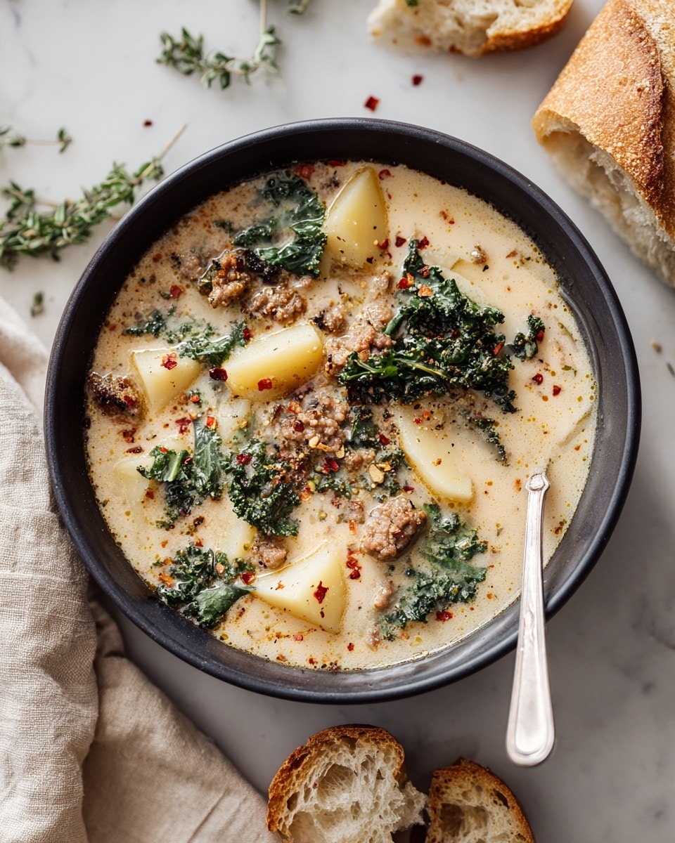 A black bowl filled with three main layers: a creamy light tan broth as the base, large chunks of light yellow potatoes, and pieces of cooked brown sausage with dark green kale leaves scattered on top. The soup is sprinkled with red chili flakes and some grated cheese. A silver spoon rests inside the bowl on the right side. Around the bowl, pieces of torn crusty bread with a golden brown crust sit on a white marbled surface along with some green herb sprigs. A beige cloth napkin is seen on the bottom left. Photo taken with an iphone --ar 4:5 --v 7