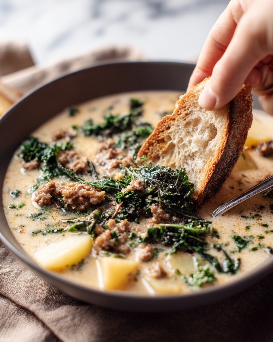 A deep white bowl holds a creamy soup base that is light beige with smooth texture, filled with three main layers: chunky browned ground meat scattered throughout, dark green wilted kale leaves floating on top and partially submerged, and a few pale yellow potato wedges peeking out from the soup. A woman's hand is dipping a thick slice of crusty, golden-brown bread into the soup on the right side. The bowl rests on a soft brown cloth with a white marbled texture in the background. photo taken with an iphone --ar 4:5 --v 7