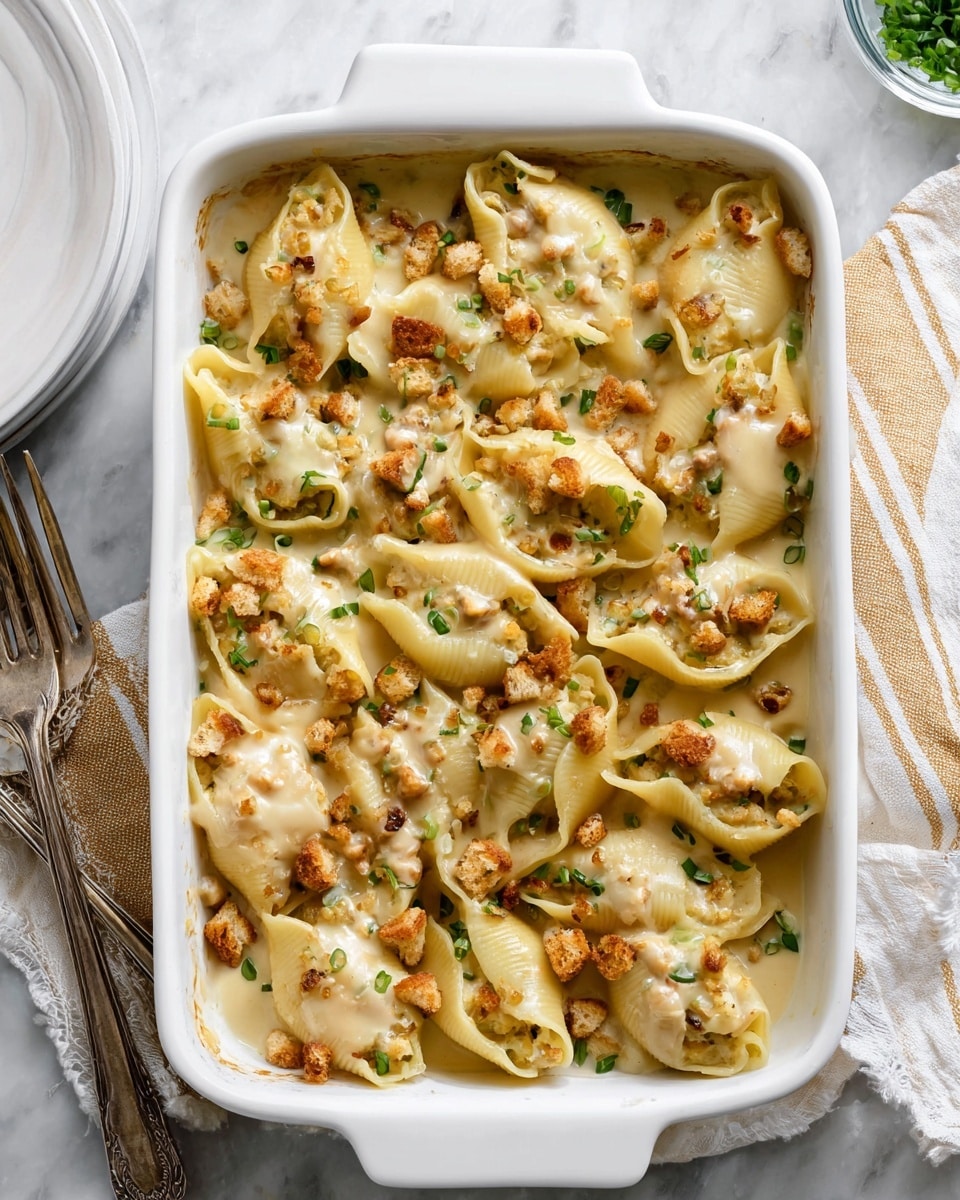 A white rectangular baking dish filled with large pasta shells stuffed and covered in a creamy light beige sauce, topped with small golden-brown croutons and a sprinkling of chopped green onions, all arranged closely together and slightly covered with melted cheese. The dish sits on a white marbled surface with a striped beige and white cloth and two forks on the left side, and a clean white plate partially visible on the right. photo taken with an iphone --ar 4:5 --v 7