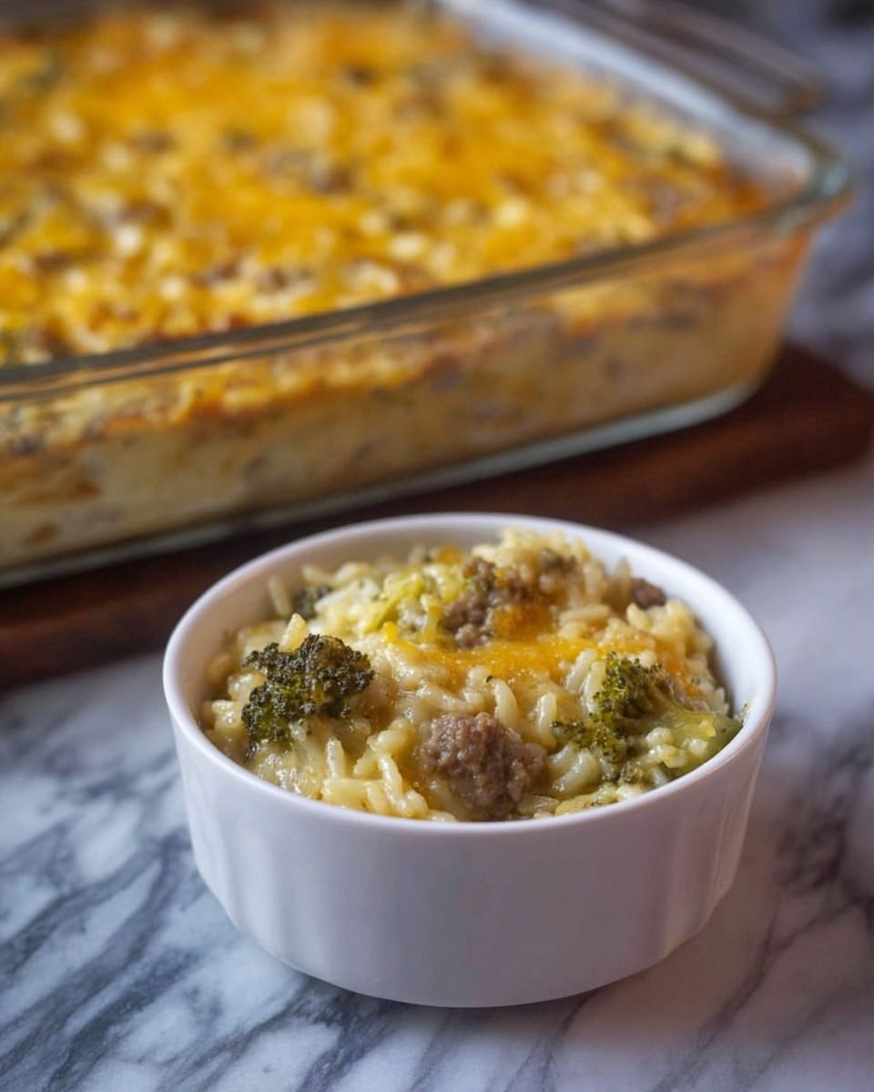 A small white bowl filled with a creamy casserole made of rice, broccoli pieces, and browned bits of sausage mixed together in a cheesy sauce, showing a soft and slightly melted texture on top; behind it, a large clear glass baking dish holds a full casserole with a golden brown cheese layer covering the surface, all placed on a white marbled texture. photo taken with an iphone --ar 4:5 --v 7