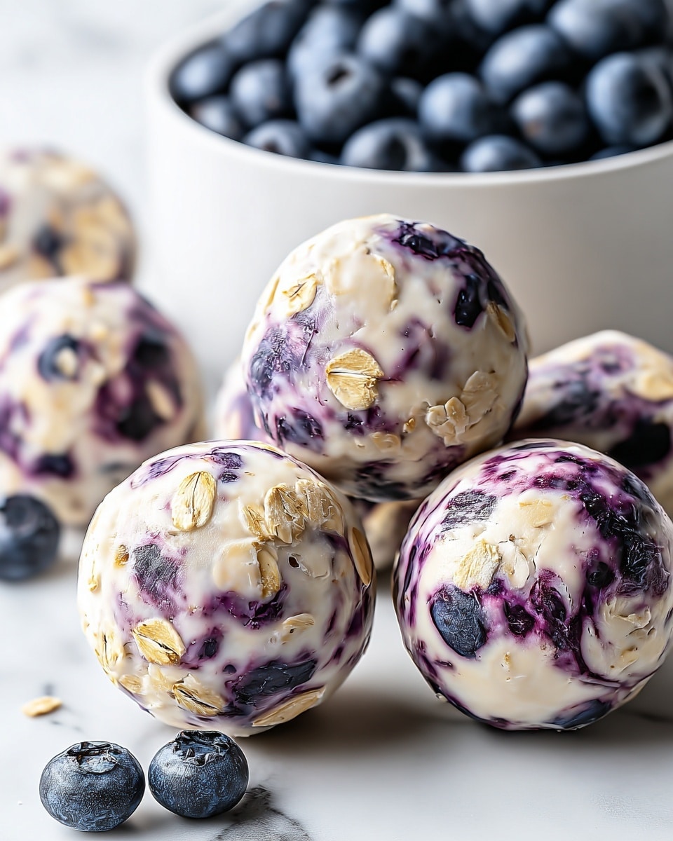 The image shows round snack balls made of oats and blueberries, each about the size of a golf ball. The balls have a creamy white base with swirls of deep purple from the blueberries mixed throughout and bits of golden oat flakes visible on the surface. In the background, there is a white bowl filled with fresh blueberries, and a few loose blueberries rest on the white marbled surface near the balls. The texture of the balls looks smooth and slightly glossy, with the oats giving them a slightly rough pattern. photo taken with an iphone --ar 4:5 --v 7