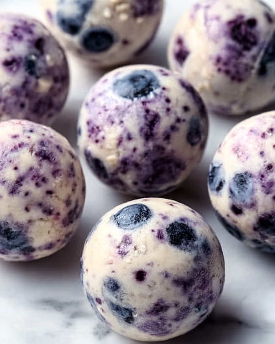 The image shows several round blueberry yogurt balls placed on a white marbled surface. Each ball has a creamy white base with many whole blueberries mixed inside, giving them a speckled purple and blue appearance. The texture looks smooth with some visible chunks of blueberries, and the balls are arranged casually close together. Photo taken with an iphone --ar 4:5 --v 7