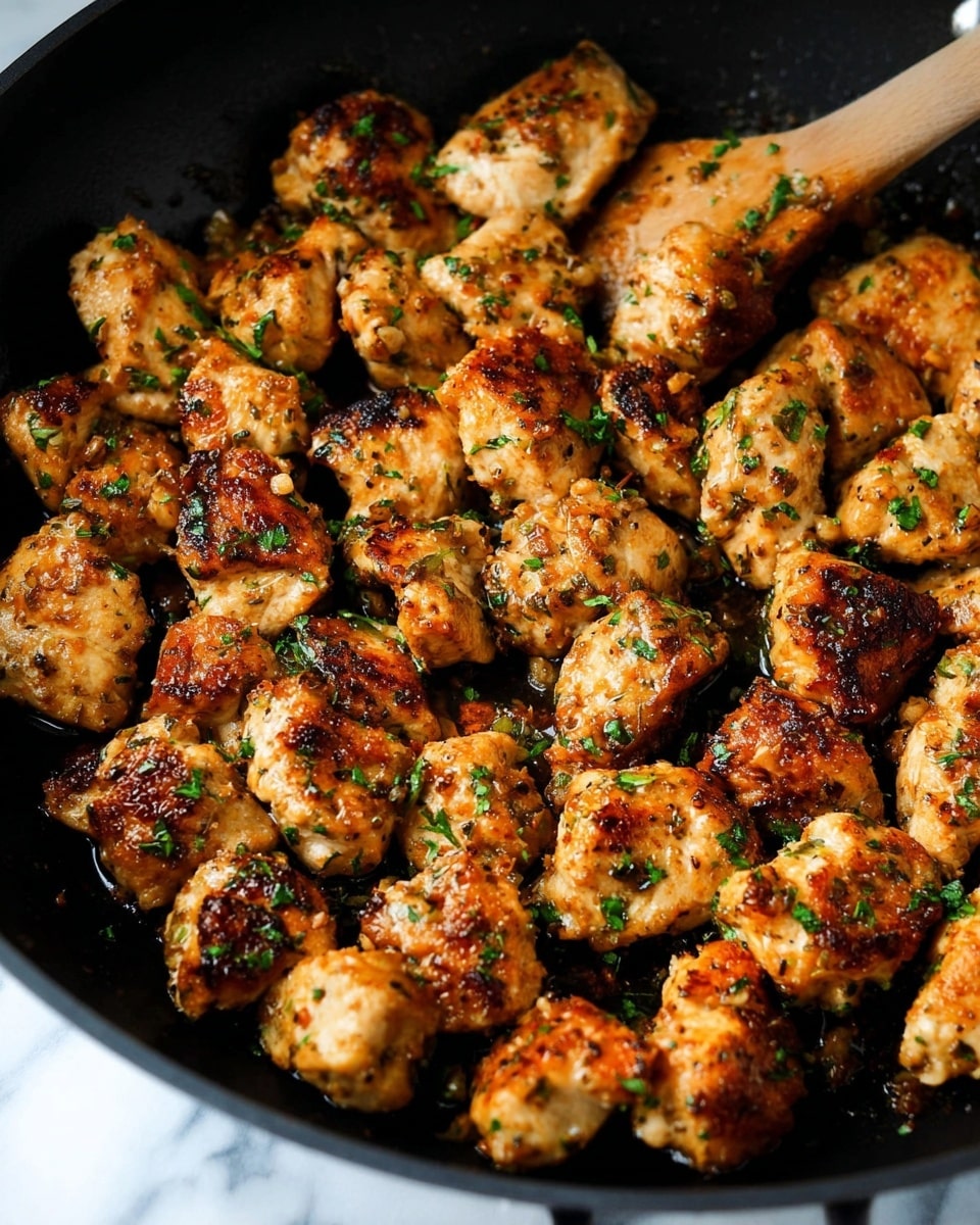This image shows many small pieces of cooked chicken with a golden brown color and some darker crispy spots, arranged closely in a black pan. The chicken pieces have a slightly rough texture with a sprinkling of green herbs scattered evenly on top, adding a fresh contrast to the rich brown tones. On the right edge of the pan, there is a wooden spoon partially visible, hinting at cooking in progress. The background is a white marbled surface, enhancing the warm colors of the chicken and the dark pan. photo taken with an iphone --ar 4:5 --v 7
