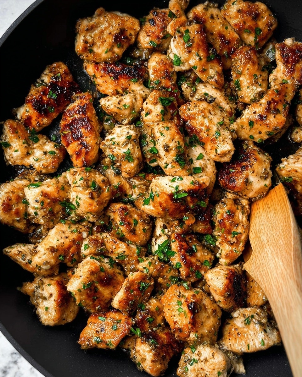 The image shows many pieces of cooked chicken in a black pan, each piece browned with a mix of golden and dark brown edges, giving a crispy look. The chicken pieces vary in size and shape and are sprinkled with green chopped herbs. Near the right side of the pan is a light brown wooden spatula partially touching some chicken pieces. The background is a white marbled texture. photo taken with an iphone --ar 4:5 --v 7