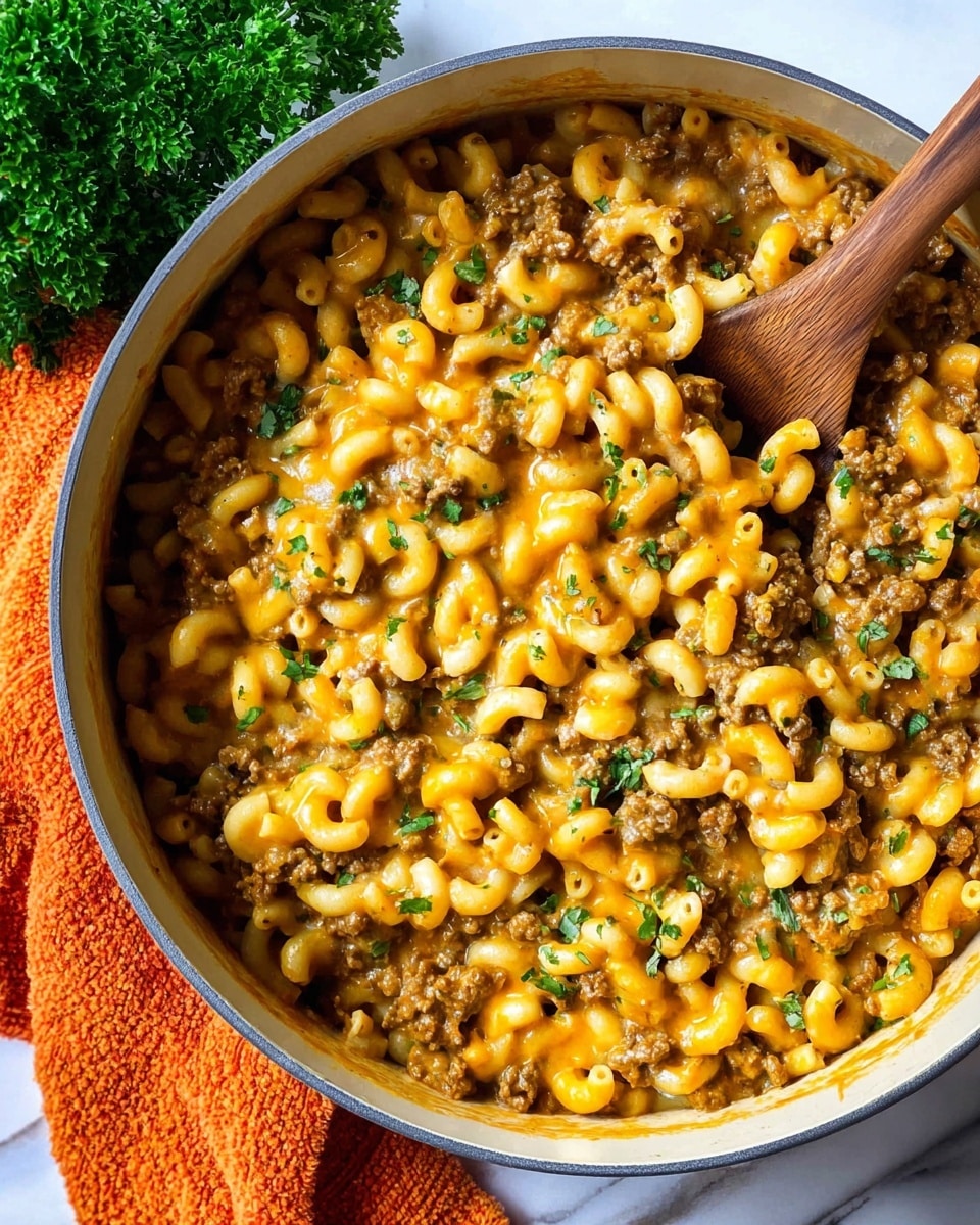 A close-up view of a large pot filled with creamy macaroni and cheese mixed with browned ground meat, with small pieces of green herbs sprinkled on top. The pasta is elbow-shaped, coated with melted orange-yellow cheese, and the meat is evenly distributed throughout the dish. A wooden spoon rests on the right side inside the pot, which has a light interior and a dark rim. The background is a white marbled surface with green leafy parsley on the top left and an orange textured cloth on the upper right. Photo taken with an iphone --ar 4:5 --v 7