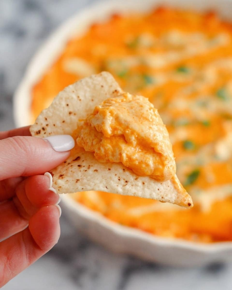 A close-up view of a woman's hand holding a single triangular corn chip that is light beige with small brown specks, topped with a thick layer of melted cheese that is bright orange and creamy with a slightly gooey texture. In the blurred background, a white bowl filled with more of the same cheesy dip is visible, with the dip showing a smooth orange surface drizzled with a lighter creamy sauce and scattered bits of green herbs. The scene is set on a white marbled surface. photo taken with an iphone --ar 4:5 --v 7
