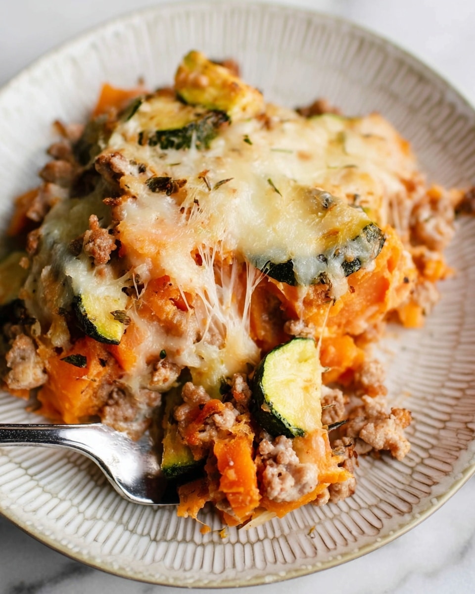 A close-up of a layered dish on a white plate with a textured rim, showing chunks of bright orange sweet potatoes and green zucchini pieces mixed with light brown cooked ground meat; melted white cheese stretches over the top, creating a stringy texture that covers the vegetables and meat; a shiny silver fork holds a bite-sized mix of these ingredients near the bottom right of the plate, all set against a white marbled surface. photo taken with an iphone --ar 4:5 --v 7