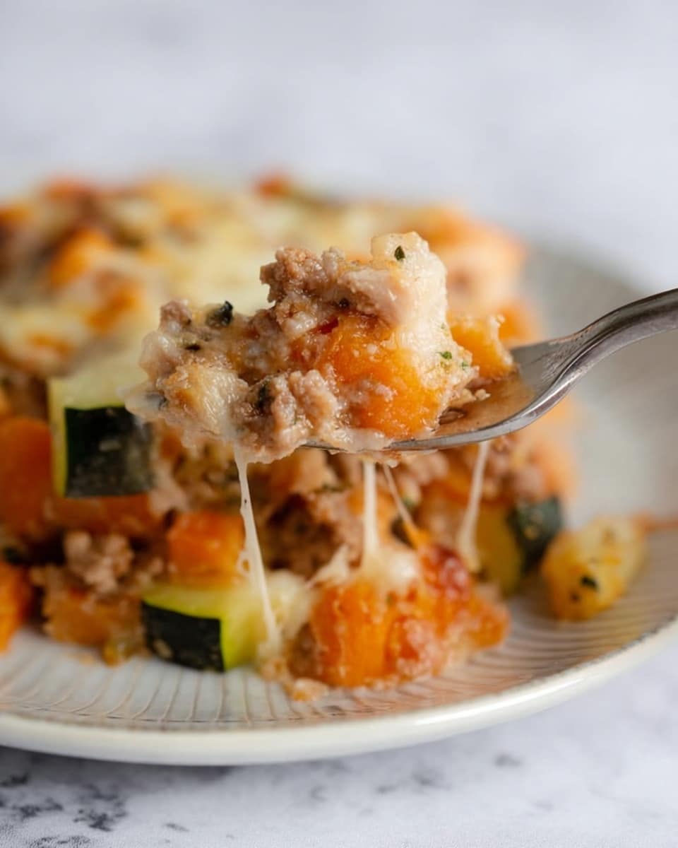 The image shows a close-up of a fork holding a bite of baked mixed vegetable casserole featuring three main layers: a base layer of soft, light brown ground meat with small crumb texture, a middle layer of chunky, bright orange carrots and dark green zucchini pieces cut into small cubes, and a top layer of melted, slightly browned cheese with a lacy texture that stretches slightly as it is lifted by the fork. The food rests on a white plate with subtle striping, all set against a white marbled textured surface in the background. photo taken with an iphone --ar 4:5 --v 7