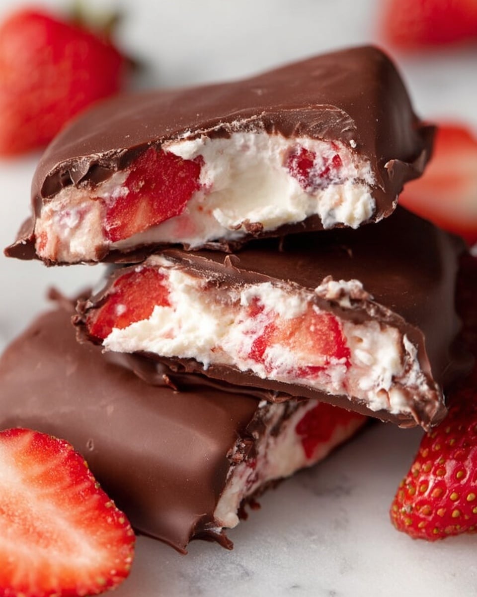 The image shows close-up pieces of chocolate-covered strawberry cream treats placed on a white marbled surface. Each piece has three visible layers: the outside layer is a smooth dark brown chocolate coating; inside, there is a thick white cream layer mixed with bright red strawberry chunks, giving a fresh and creamy texture; the strawberry pieces add a slightly uneven red pattern within the creamy layer. The treats are sliced to reveal the inside, laying on top of one another with some fresh strawberry slices scattered around for decoration. Photo taken with an iphone --ar 4:5 --v 7