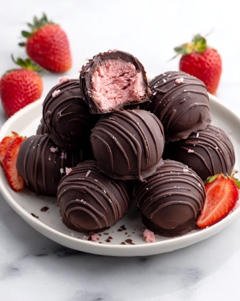 A white plate holds a stack of round chocolate-covered truffles, each coated smoothly with dark chocolate and decorated with thin lines of chocolate drizzled on top. Some truffles have a bite taken out to show a pink creamy filling inside. The truffles are arranged neatly in the center of the plate, surrounded by a few bright red strawberries with green tops. The whole scene is set on a white marbled surface, creating a clean and fresh look. photo taken with an iphone --ar 4:5 --v 7