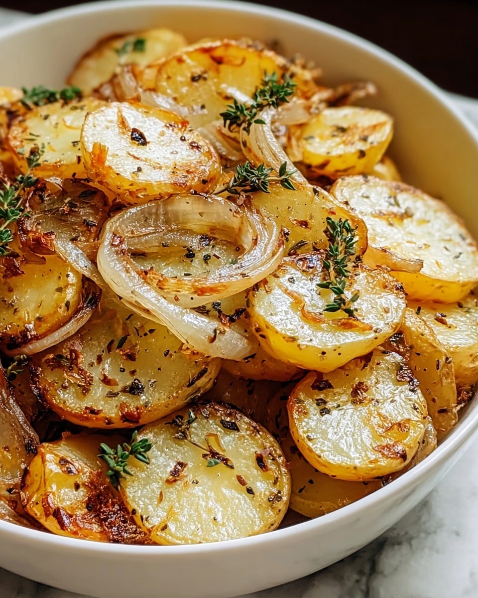 The image shows a close-up of a white bowl filled with golden roasted potato slices. The potatoes are cut into medium-thick rounds with some pieces showing a crispy, browned edge and a soft, shiny white center. Thin strips of caramelized onions and small green herb sprigs, possibly thyme, are scattered on top and mixed within the potatoes, adding texture and color contrast. The potatoes look seasoned with visible black specks of pepper and herbs. The bowl sits on a white marbled surface. photo taken with an iphone --ar 4:5 --v 7