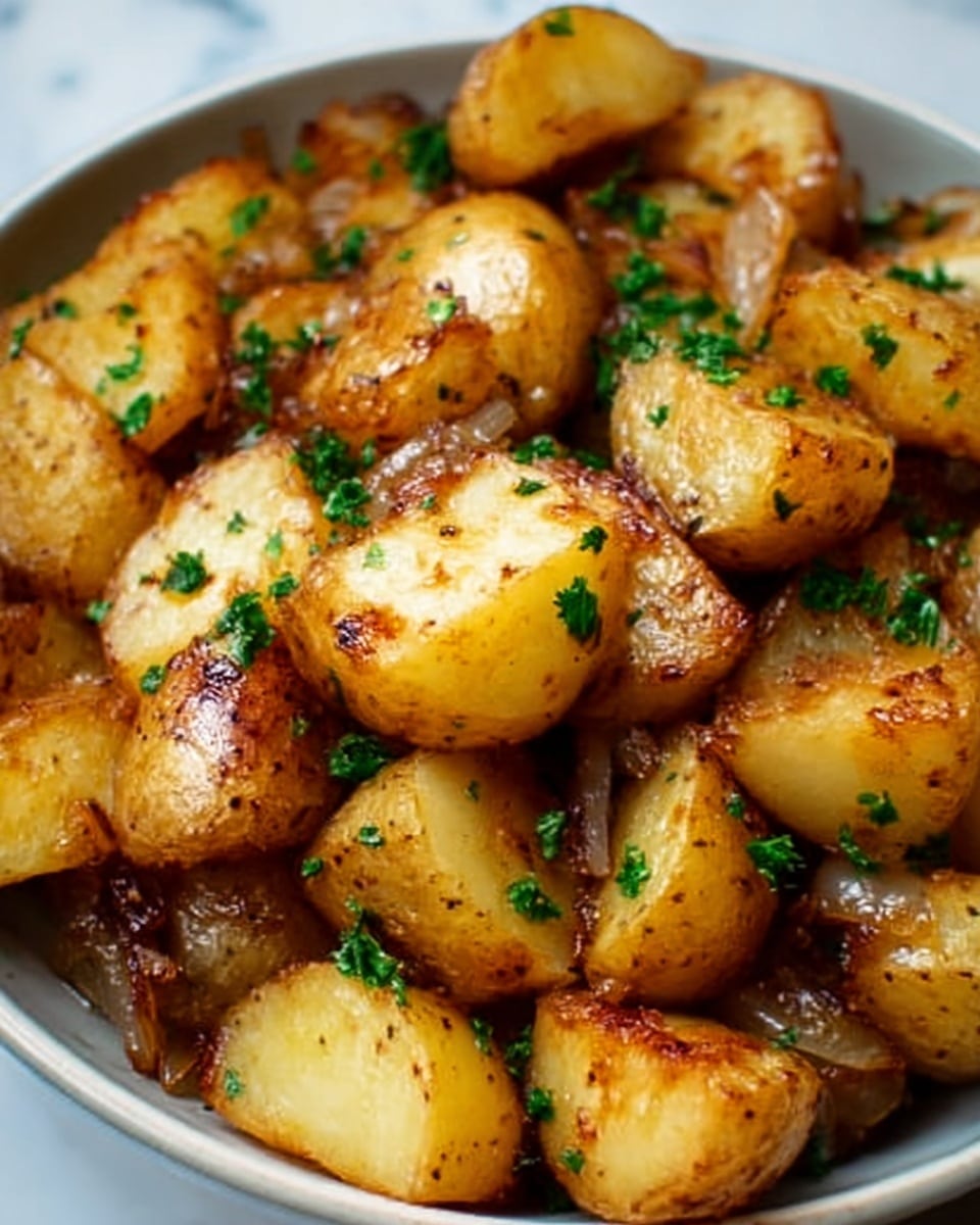 The image shows a close-up of a dish made of cooked potato pieces that are golden brown with a crispy skin and soft inside. The potatoes are cut into small wedges and mixed with translucent cooked onions that have a slight caramel color. Tiny bits of fresh green parsley are spread evenly on top, adding a bright color contrast. The texture of the potatoes looks crunchy outside but tender inside. The dish is in a white bowl placed on a white marbled surface. photo taken with an iphone --ar 4:5 --v 7