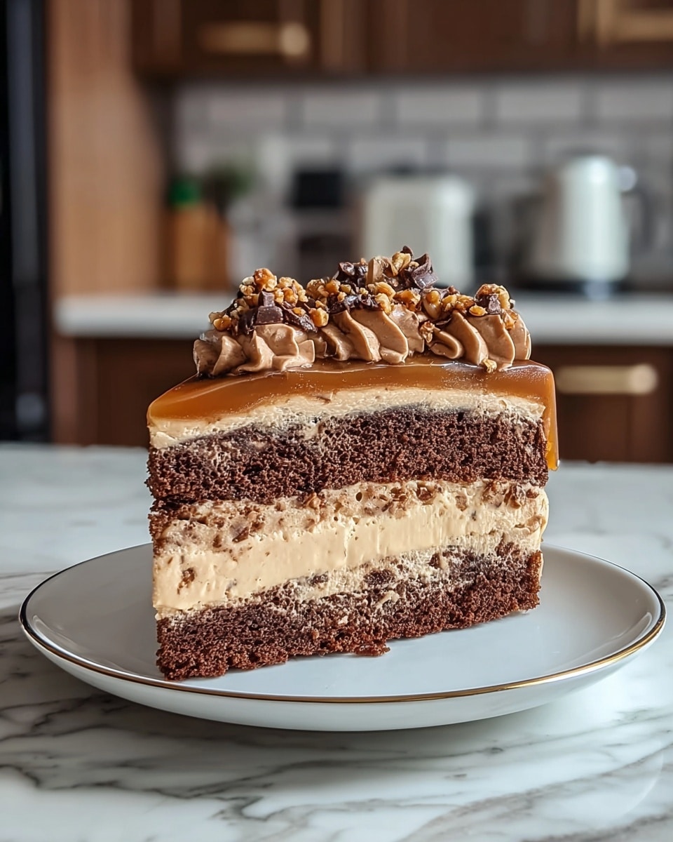 A slice of cake on a white plate with a thin gold rim, placed on a white marbled surface. The cake has three main layers: a bottom dark brown chocolate sponge layer, a thick light brown creamy layer in the middle, and another dark brown chocolate sponge layer on top. The top of the cake has a smooth, glossy caramel layer, followed by swirls of light brown whipped cream and a topping of chopped nuts and chocolate bits. The background shows a blurred kitchen setting with brown cabinets and white tiles. photo taken with an iphone --ar 4:5 --v 7