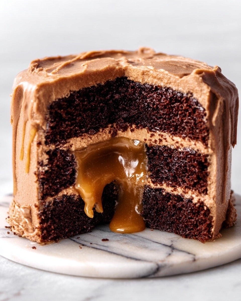 The image shows a tall, round chocolate cake with two thick layers of dark, moist chocolate sponge. Between the layers, there is a smooth, shiny caramel filling that slightly drips out, adding a rich golden color contrast. The outside of the cake is covered with a creamy, light brown chocolate frosting that is spread evenly, with a glossy finish on the top. The cake sits on a white marbled surface, and a slice is cut out to reveal the inside layers clearly. Photo taken with an iphone --ar 4:5 --v 7