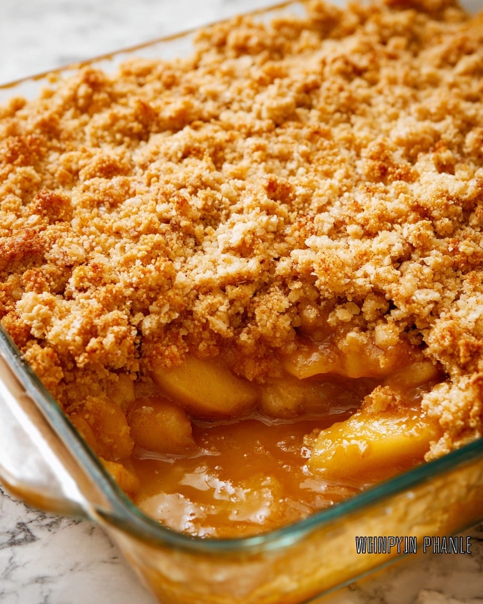 A close-up of a glass square dish filled with apple crumble. The bottom layer shows soft cooked apple slices soaked in a glossy, light brown syrup. The top layer is thick and crumbly with a golden brown color, uneven and rough in texture, covering the apple filling completely except for a small open section. The dish sits on a white marbled texture. Photo taken with an iphone --ar 4:5 --v 7