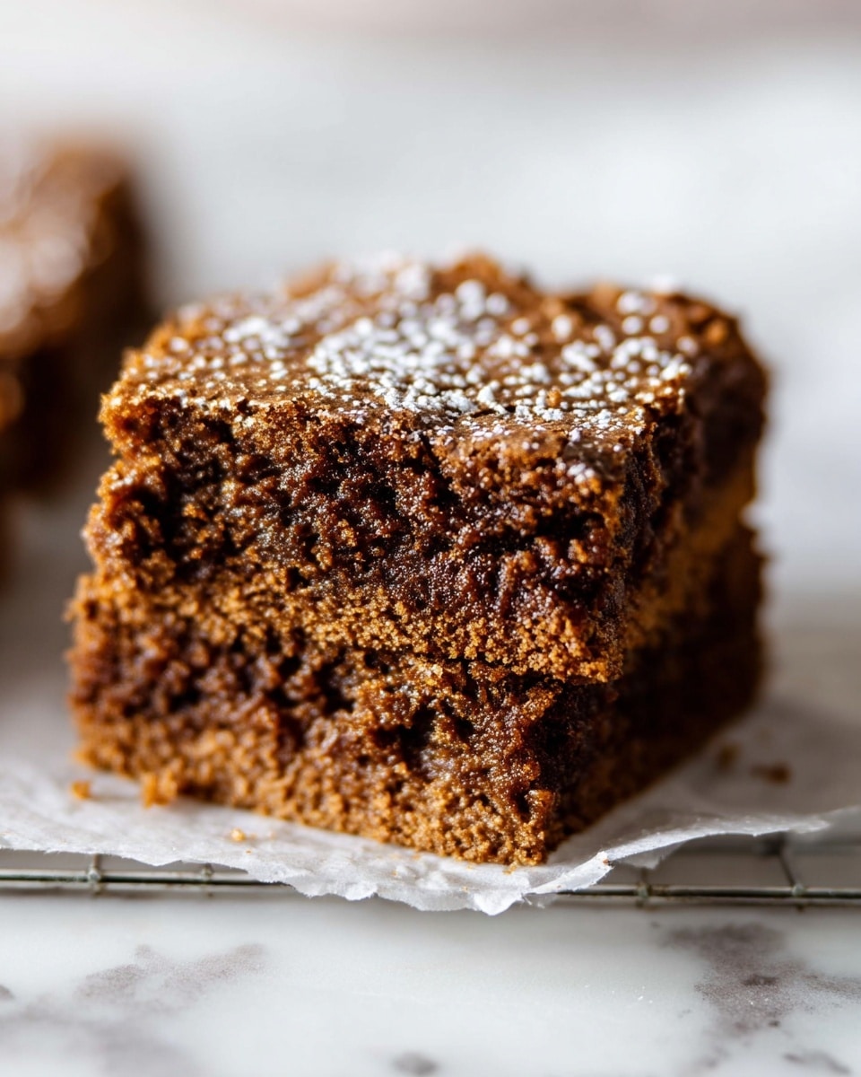 A close-up view of a two-layer thick brownie square with a rich, coarse texture. The top layer is slightly cracked and sprinkled lightly with powdered sugar, showing a golden-brown color. The middle layer is dense and moist, with a darker brown shade indicating chocolate richness. The bottom edge is slightly crumbly. The brownie rests on white parchment paper over a wire rack, all placed on a surface with a white marbled texture, soft light coming from the left side with a shallow depth of field. photo taken with an iphone --ar 4:5 --v 7