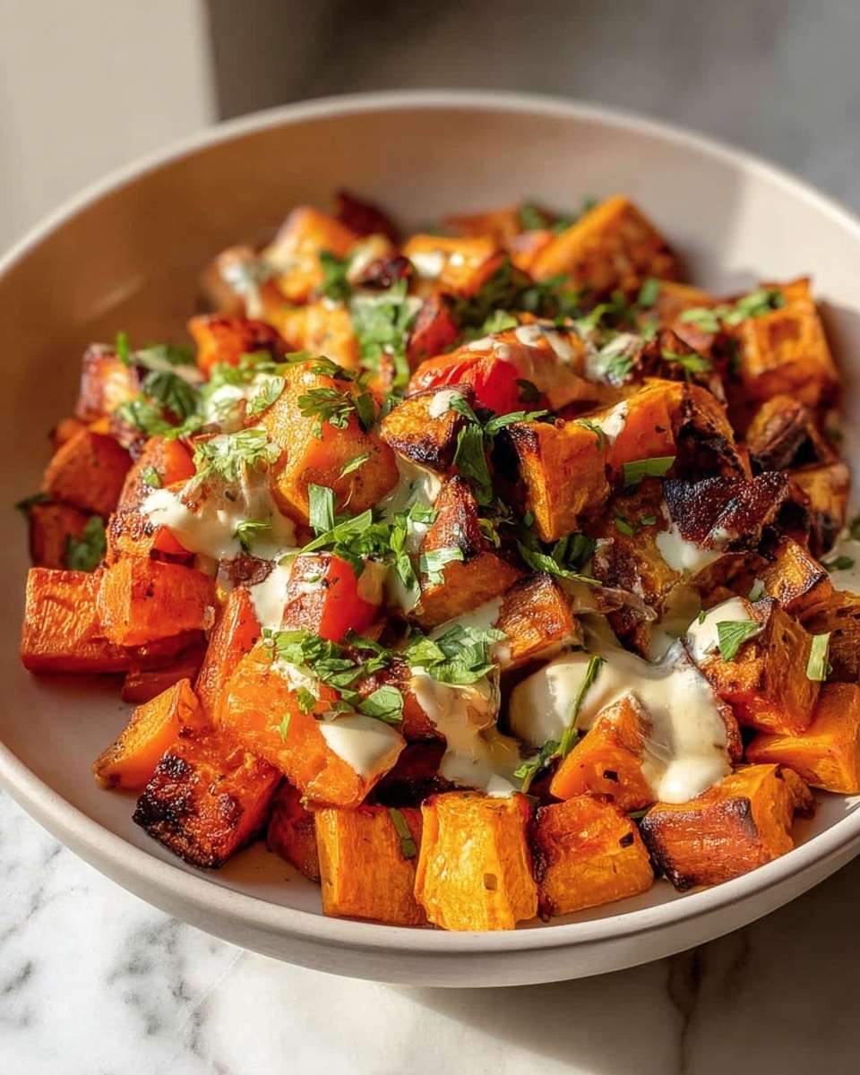 The dish shows many small, uneven cubes of roasted orange sweet potatoes with a slight char on edges, spread evenly across a round white plate. On top, there is a light drizzle of creamy off-white sauce and scattered green parsley leaves adding fresh color contrast. The white marbled surface underneath brightens the scene with natural sunlight creating soft shadows around the plate. photo taken with an iphone --ar 4:5 --v 7