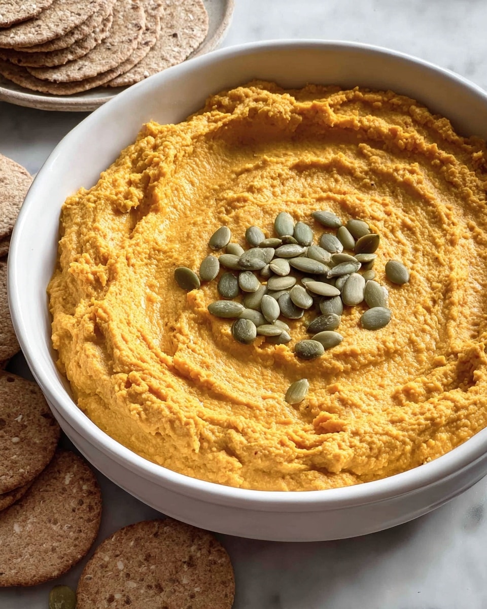 A white shallow bowl holds a thick spread of orange hummus with a textured surface showing spoon marks all over. In the center of the hummus, there is a small cluster of green pumpkin seeds arranged in a loose circle. The bowl sits on a white marbled surface, with round flat crispbreads stacked in the background. Photo taken with an iphone --ar 4:5 --v 7
