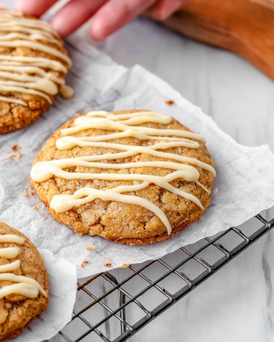 A close-up image of two round cookies with a light brown, slightly crispy texture resting on a silver wire cooling rack lined with white parchment paper. Each cookie is topped with uneven, creamy white icing drizzles running diagonally across the surface. The rack is placed on a white marbled surface, with part of a woman's hand gently holding a cookie visible in the top left corner. Photo taken with an iphone --ar 4:5 --v 7