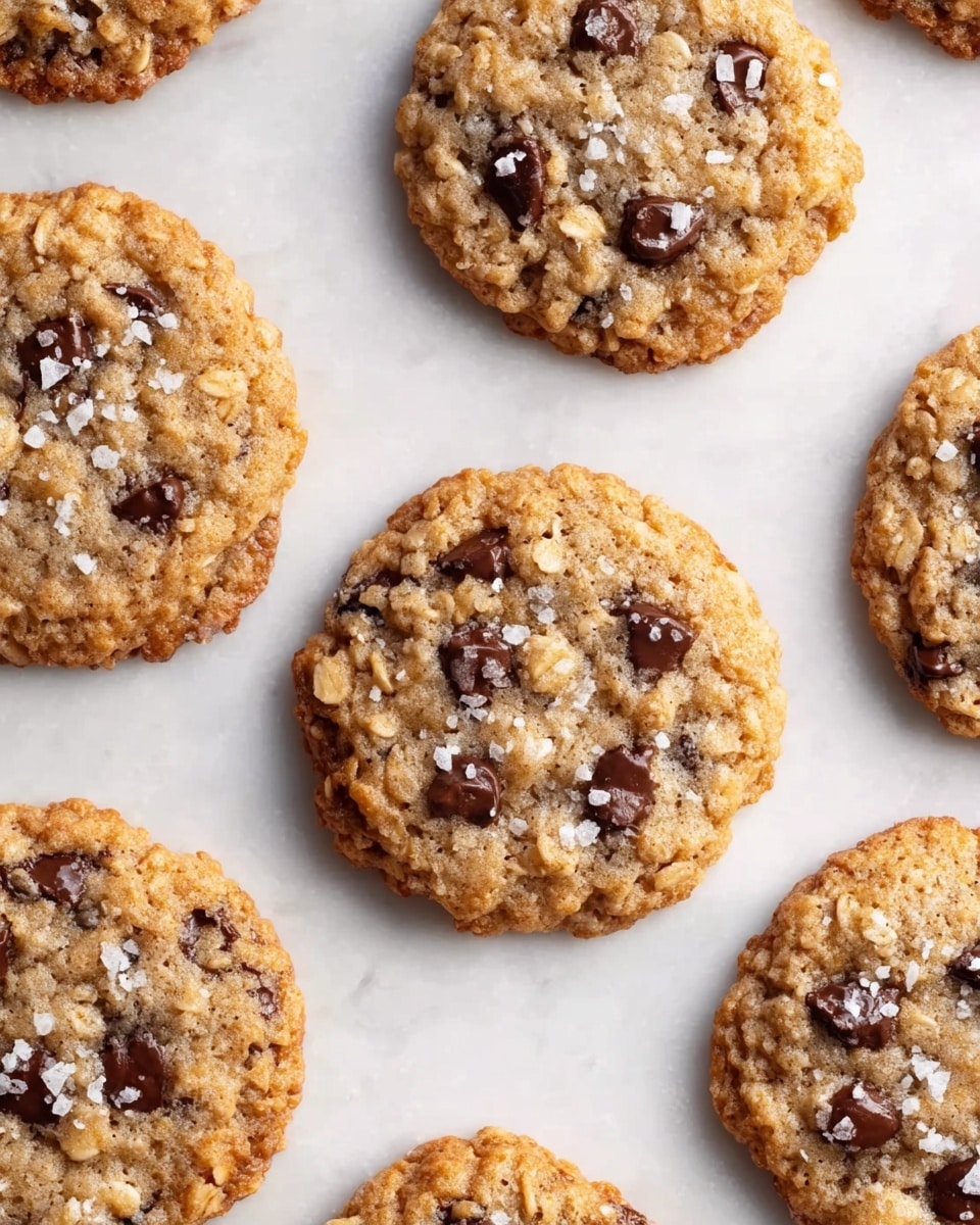 The image shows several round oatmeal cookies with chocolate chips, arranged evenly on a white marbled background. Each cookie has a golden-brown color with a rough texture from the oats, and dark brown chocolate chips spread throughout. Some cookies have small white flakes of sea salt sprinkled on top, adding a slight contrast. The cookies have a slightly crispy outer edge and a chewy center with a mix of light beige and golden hues. photo taken with an iphone --ar 4:5 --v 7