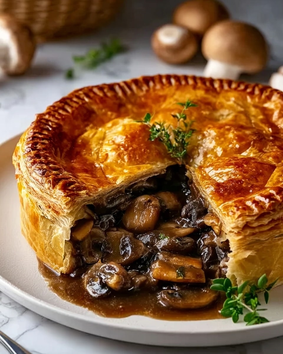 The image shows a golden-brown mushroom pie with a thick, flaky crust on top, cut open to reveal a rich, dark brown filling full of whole and sliced mushrooms in a thick sauce. The pie is placed on a white plate with a small green herb garnish on top and a small sprig on the side. The background features a white marbled surface with a blurred basket and whole mushrooms in the back. The pie crust is shiny and textured, showing layers of puff pastry, and the filling looks glossy and moist, slightly spilling out of the pie. Photo taken with an iphone --ar 4:5 --v 7