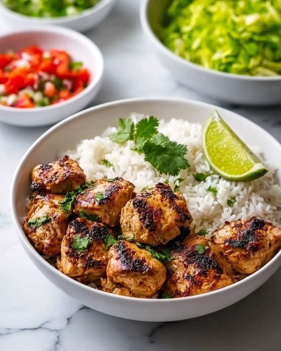 A white bowl filled with two main layers: on one side, there is a pile of white rice with fluffy grains, topped with a few green cilantro leaves and a wedge of bright green lime resting on the edge; on the other side, there are several pieces of grilled chicken, each piece showing a golden brown and slightly charred texture with some dark grill marks, sprinkled with small green cilantro leaves. In the background, a white bowl with diced red and green vegetables and another bowl with shredded green lettuce sit on a white marbled surface. Photo taken with an iphone --ar 4:5 --v 7