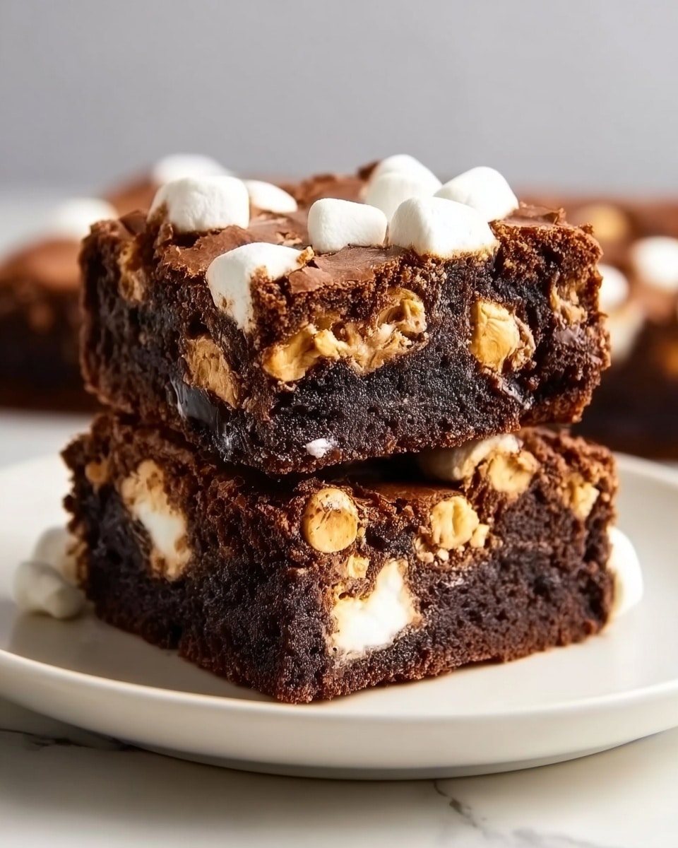 The image shows two thick, square brownies stacked on top of each other on a white plate. The brownies have a dark brown, moist, and slightly crumbly texture. Scattered throughout the brownies are large white marshmallow pieces and golden peanut bits, visible both inside and on top of the surface. The marshmallows on the top layer add a soft, puffy look, contrasting with the dense brownie. The background is a smooth white marbled texture, adding a clean and bright setting. Photo taken with an iphone --ar 4:5 --v 7