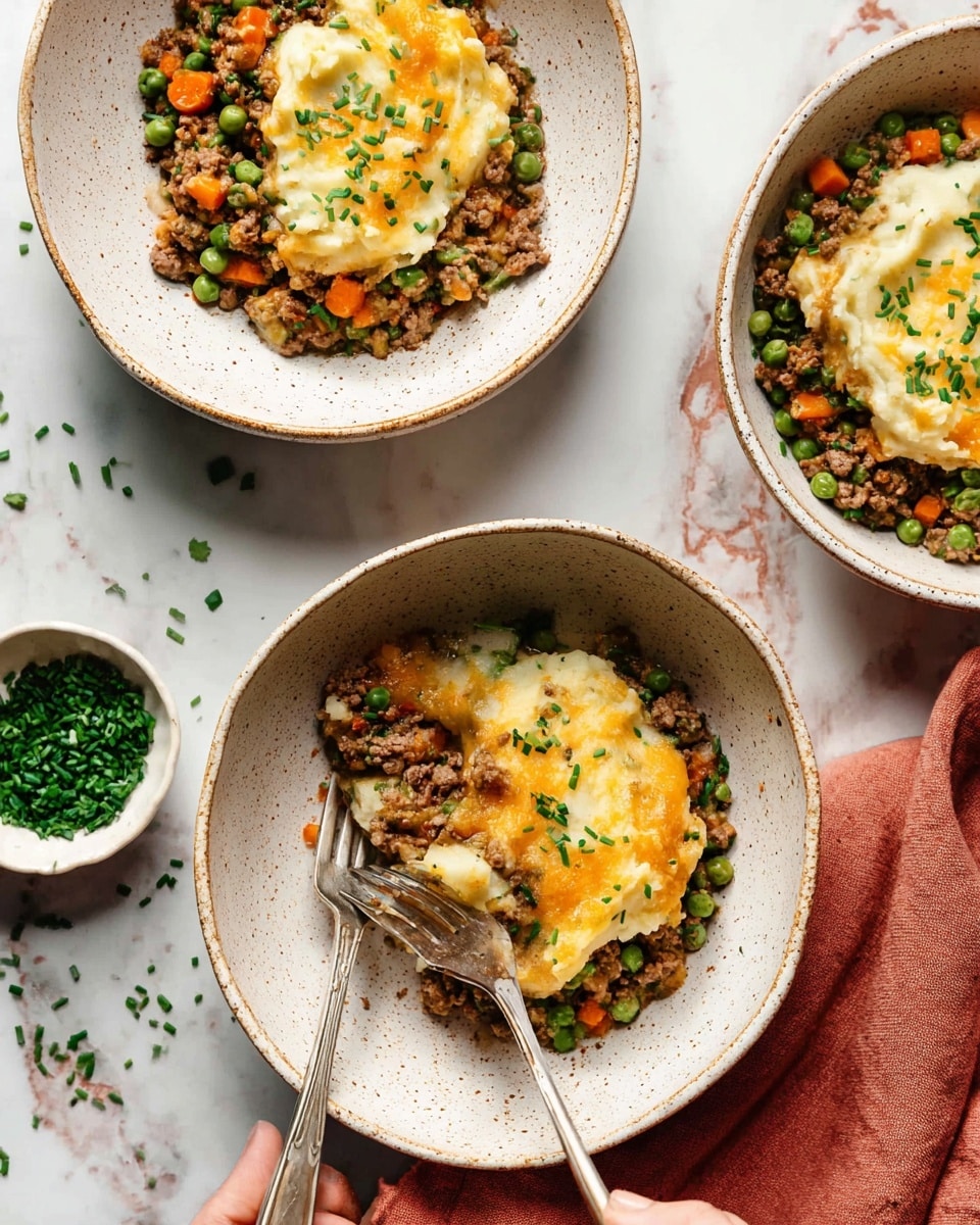 Three white speckled bowls each hold a layered dish with a base of browned cooked ground meat mixed with bright green peas and small orange carrot pieces, creating a textured and colorful first layer. On top of the meat and vegetables is a thick, creamy mashed potato layer that is slightly browned and bubbly around the edges, showing a golden melted cheese crust on one side. The final touch is a garnish of finely chopped fresh green chives scattered over the mashed potatoes and meat, adding a fresh pop of color. One bowl shows a woman’s hand holding a fork, partially digging into the mash and meat, revealing the layered nature of the dish. The bowls rest on a white marbled surface, with a small white bowl of extra chopped chives nearby, and a folded reddish cloth napkin is seen at the bottom right corner. Photo taken with an iphone --ar 4:5 --v 7