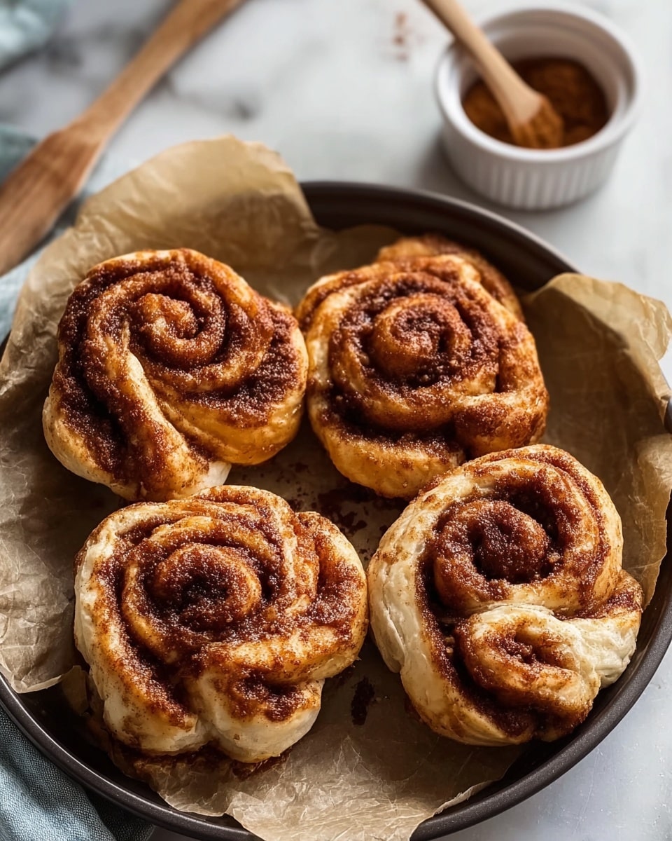The image shows a close-up view of four cinnamon rolls placed on parchment paper inside a round black pan, which is set on a white marbled surface. Each cinnamon roll has a twisted shape with visible layers of soft, golden-brown dough swirled with dark brown cinnamon sugar, creating a slightly rough texture on top where the cinnamon is concentrated. The rolls look fluffy and freshly baked, with the cinnamon filling bubbling slightly in some folds. To the right of the pan, there is a white ramekin filled with cinnamon and a wooden brush lying next to it. The lighting highlights the warm colors and textures of the rolls, making them look fresh and inviting. Photo taken with an iphone --ar 4:5 --v 7