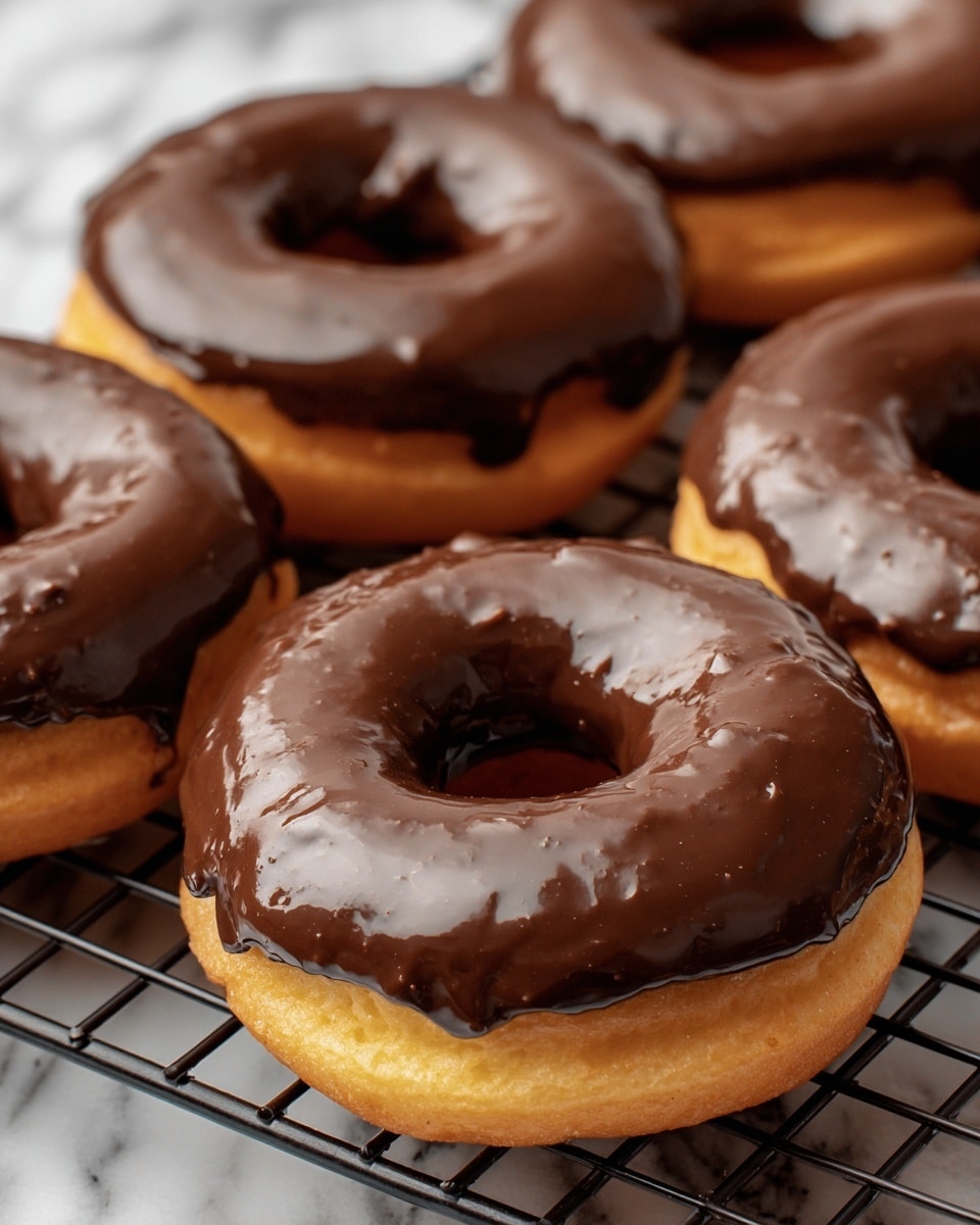 The image shows close-up of five donuts with shiny, smooth dark brown chocolate glaze covering the top half of each donut. The donuts have a light golden brown base layer that is thick and fluffy. They are placed on a black metal cooling rack that contrasts with the white marbled surface below. The glaze looks glossy and thick but slightly uneven in texture, showing little waves and bumps. One donut is centered and appears slightly larger, while the others surround it partially out of focus. photo taken with an iphone --ar 4:5 --v 7