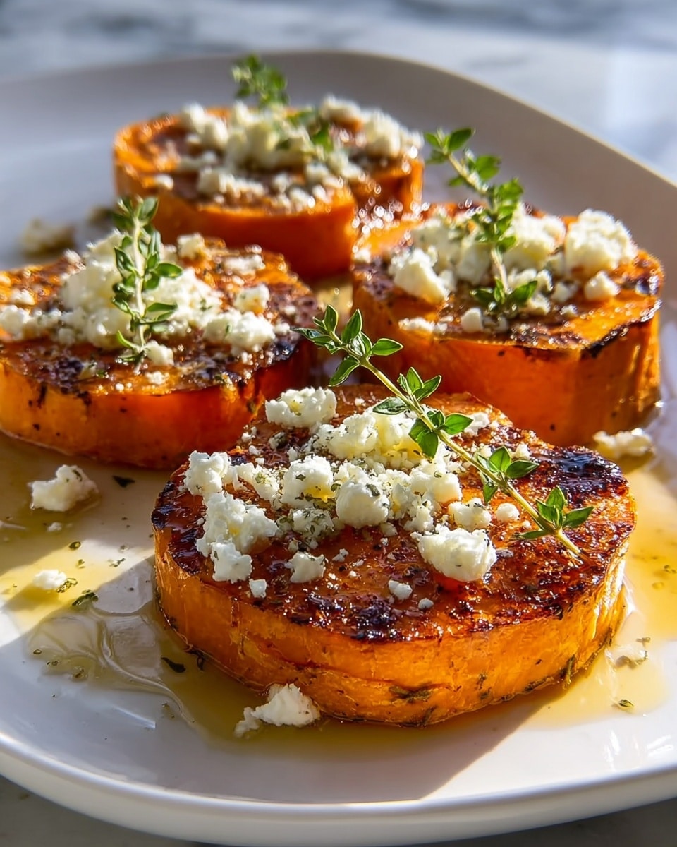 The image shows a white plate with four thick round slices of roasted orange sweet potato, each slice having a slightly charred texture on the top and sides. On top of every slice, there is a layer of white crumbled cheese and a small green sprig of fresh thyme. The sweet potatoes are drizzled with a glossy golden syrup that pools slightly around the pieces on the white marbled textured surface underneath. The warm sunlight highlights the rich orange color of the sweet potatoes, the crumbly cheese, and the bright green thyme leaves, creating a fresh and appetizing look. Photo taken with an iphone --ar 4:5 --v 7