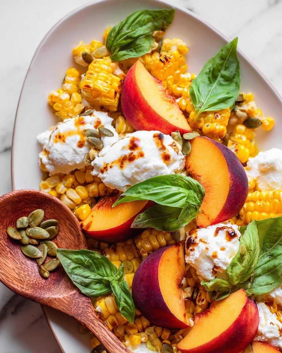 The image shows a close-up of a fresh, colorful dish arranged on a white plate. The dish layers start with bright yellow grilled corn pieces with slight char marks scattered around. Nestled among the corn are several thick slices of juicy peach with red and orange skin and smooth flesh. On top of the fruit and corn, there are dollops of white creamy cottage cheese, some drizzled with a brown sauce. Fresh green basil leaves are placed around and on top of the dish, adding a fresh leafy texture. Small pumpkin seeds are sprinkled on the dish for extra detail. A wooden spoon is placed on the left side, partially holding some peach slices, corn, and cottage cheese. The background is a white marbled texture. photo taken with an iphone --ar 4:5 --v 7