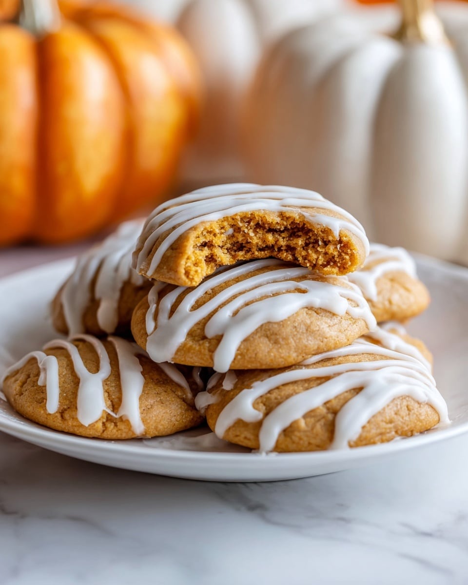 A white plate holds a stack of soft, round cookies with a light brown color. Each cookie is topped with thick white icing drizzled in wide stripes across the surface. The top cookie in the stack has a bite taken out of it, revealing a moist and dense inside with a slightly crumbly texture. The plate is set on a white marbled surface. In the background, there are blurred white and orange pumpkins. Photo taken with an iphone --ar 4:5 --v 7