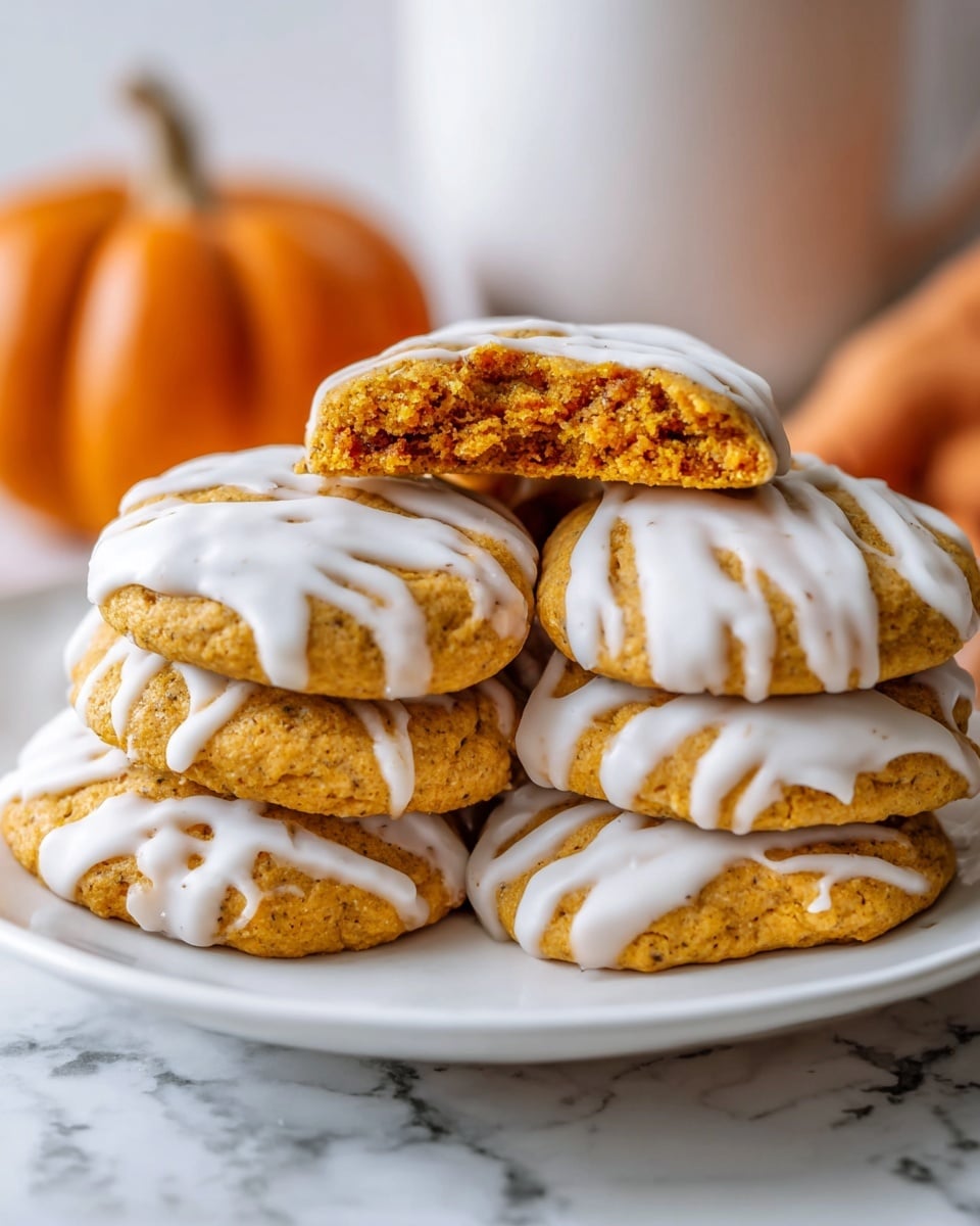 A white plate holds a stack of soft pumpkin cookies with a golden-brown color and a rough texture. The cookies are stacked in two layers, with five on the bottom and four on top. Each cookie is topped with a thick layer of white icing that drips over the edges, and some cookies have additional thin white icing lines drizzled across them. One cookie on the top layer is broken in half, showing a moist and dense orange interior. The background features a small pumpkin blurred softly, and the surface is a white marbled texture. photo taken with an iphone --ar 4:5 --v 7