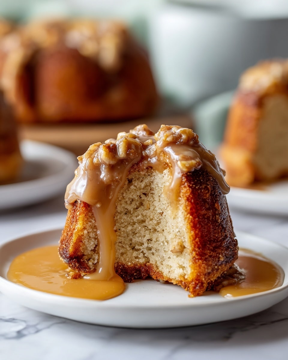 The image shows a small, sliced bundt cake on a white plate, placed on a white marbled surface. The bundt cake has a golden brown crust with a soft, light beige crumb inside. It is topped with a chunky, nutty glaze that looks sticky and slightly glossy, dripping slightly down the sides. Caramel sauce is poured over the cake, pooling around the base on the plate. In the blurred background, more bundt cakes with the same glaze can be seen. Photo taken with an iphone --ar 4:5 --v 7