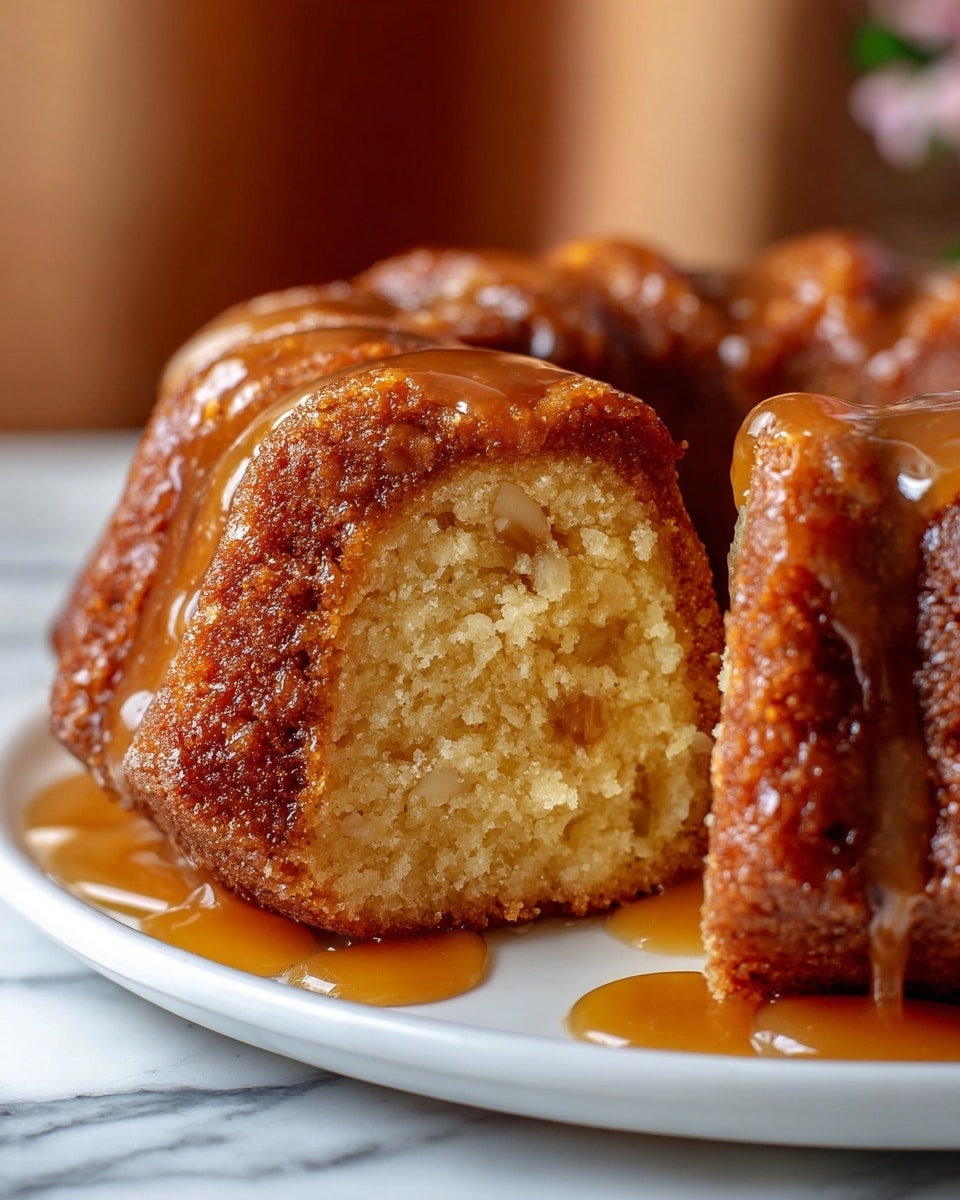 The image shows a close-up view of a sliced bundt cake with a golden-brown crust and soft, light beige inside. The cake appears moist with visible small pieces of nuts or fruit embedded inside. It is coated with a shiny caramel or syrup glaze that drips down the sides, enhancing its rich texture. The cake sits on a white plate, placed on a white marbled surface, and the background is softly blurred with warm tones. The focus is on the detailed texture of the cake's crumb and glaze, emphasizing its homemade and inviting look. Photo taken with an iphone --ar 4:5 --v 7
