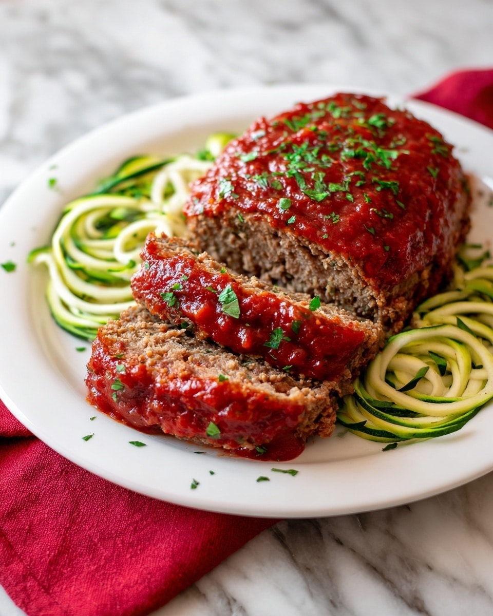 The image shows a white plate with a thick loaf of meatloaf covered in a rich red tomato sauce, sprinkled with green chopped herbs. The meatloaf is partially sliced, revealing a dense and moist texture inside with a brown color. Around the meatloaf, there are spiraled light green zucchini noodles on both sides. The plate rests on a white marbled surface with a red cloth napkin nearby. photo taken with an iphone --ar 4:5 --v 7