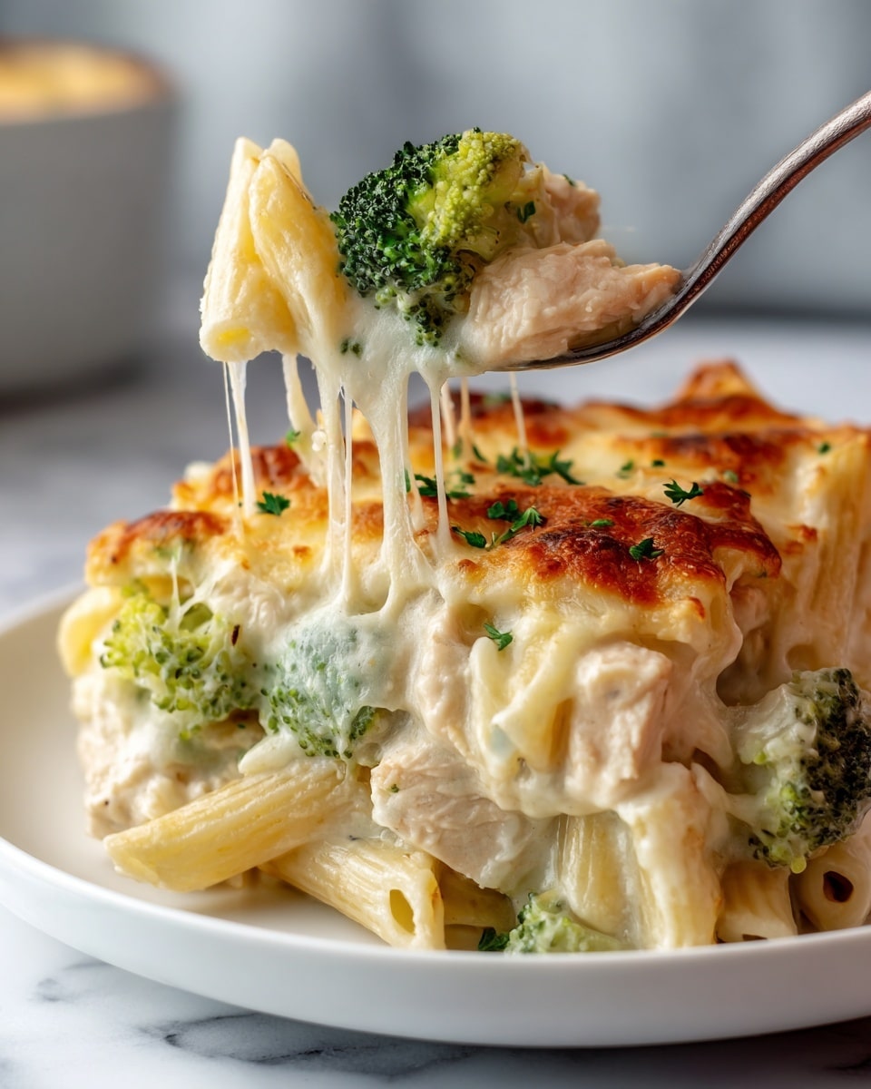 The image shows a close-up of a cheesy pasta bake on a white plate, placed on a white marbled surface. The dish has several layers starting with penne pasta at the bottom, creamy white sauce covering it, and chunks of light brown cooked chicken mixed throughout. Bright green broccoli florets are spread evenly within the layers, topped with a browned, bubbly layer of melted cheese that is stringy and stretchy as a silver fork lifts a portion. Small green herb sprinkles garnish the top, adding contrast to the golden cheese layer. The background is softly blurred, focusing fully on the rich, creamy texture of the dish. Photo taken with an iphone --ar 4:5 --v 7
