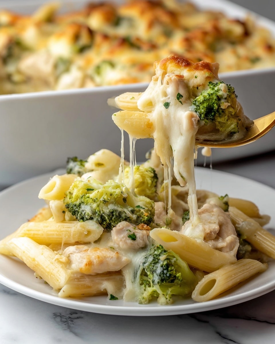 A white plate holds a cheesy baked pasta dish with three main layers visible: the bottom layer has al dente penne pasta in pale yellow, the middle layer includes bright green broccoli florets and chunks of light brown chicken, and the top layer is thick with melted, golden-brown cheese stretching and dripping as a golden-colored fork lifts a portion. The dish looks rich and creamy with specks of green herbs sprinkled on top. In the background, a white baking dish with more of the same pasta is visible on a white marbled surface. Photo taken with an iphone --ar 4:5 --v 7