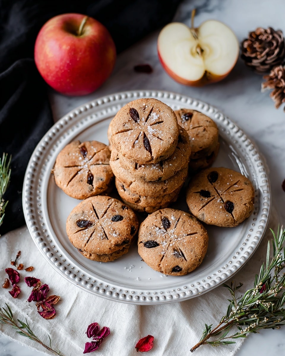 A pile of eight round light brown cookies with visible raisins and sugar crystals on top are neatly stacked in the center of a white plate with a beaded edge. Each cookie has a cross mark etched on its surface. The plate is placed on a white marbled surface with a white cloth napkin partly beneath it. Surrounding the plate are three whole red apples, one halved apple showing its pale interior, a sprig of green leaves on the right side of the plate, some scattered dried red berries, and pine cones near the top edge. The scene is softly lit, highlighting the textures and colors of the cookies and apples. photo taken with an iphone --ar 4:5 --v 7