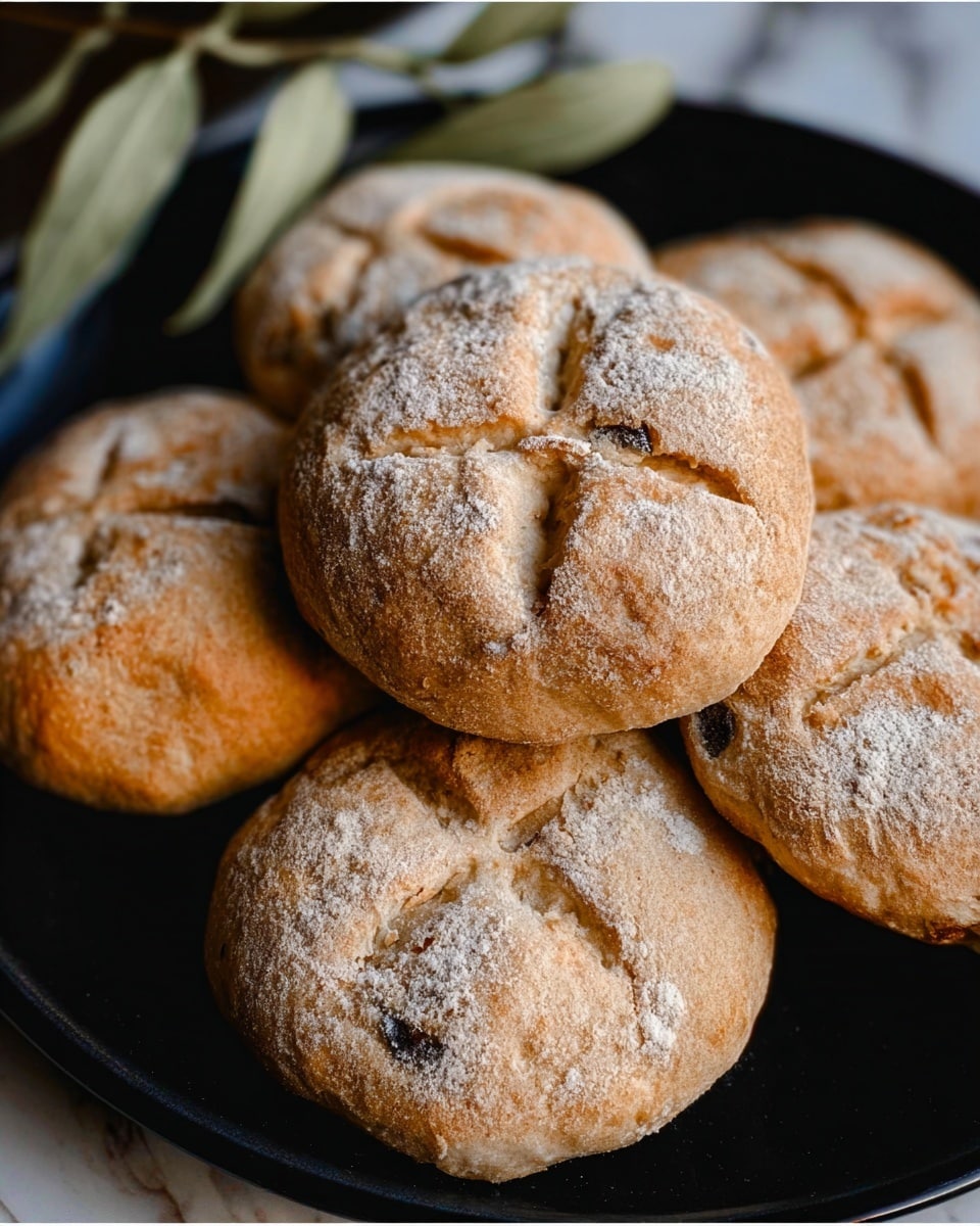 The image shows a close-up of several round bread pieces stacked on a black plate. Each bread piece has a light golden-brown crust with a dusting of white flour on top. They have a rough texture with dark spots, likely from added ingredients, and four shallow cuts on the surface forming a cross shape. The background features a white marbled texture, and there is a sprig of green leaves placed beside the plate. Photo taken with an iphone --ar 4:5 --v 7