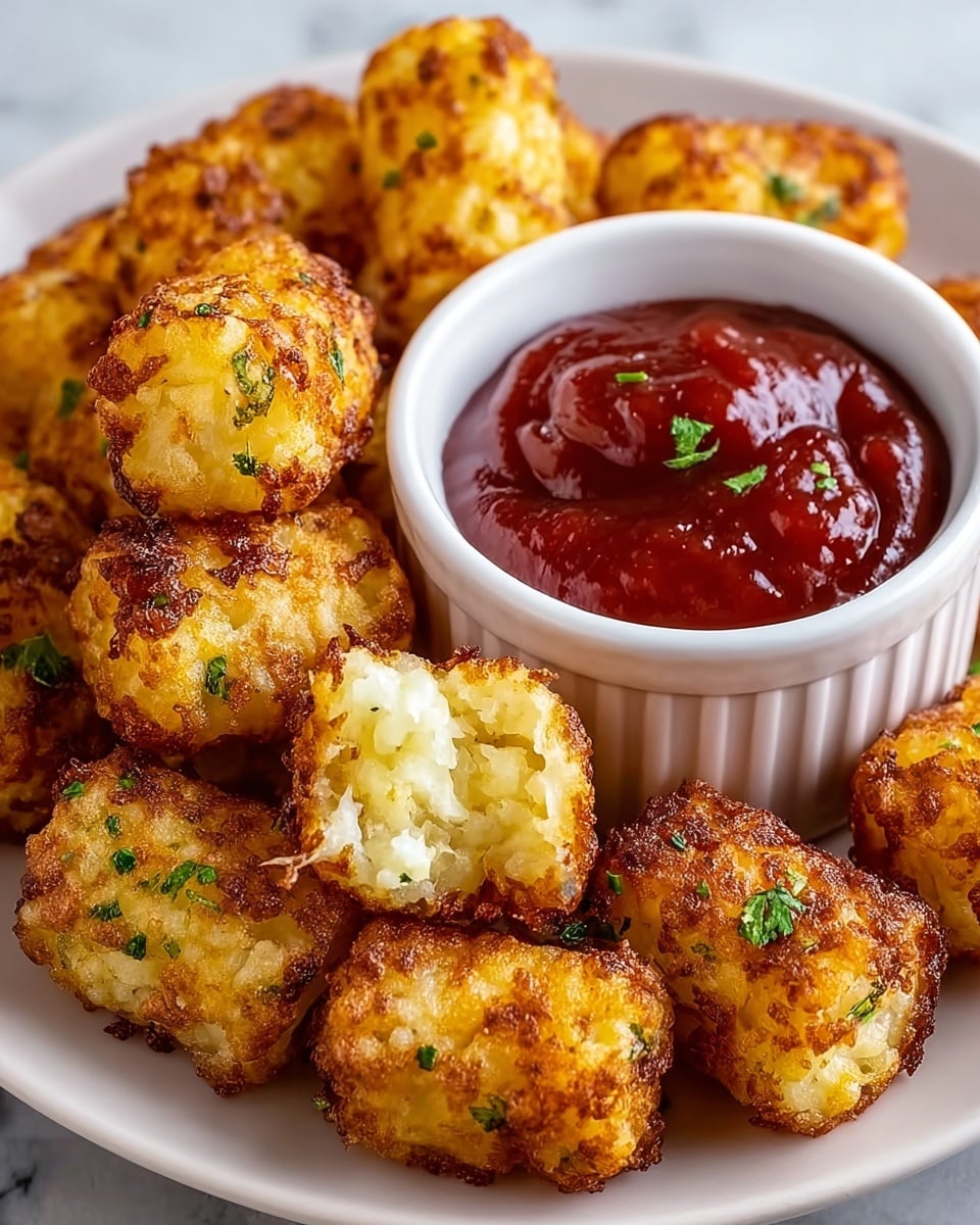 A white plate filled with golden-brown crispy tater tots, each showing a crunchy outside and soft, pale yellow inside with some green herb sprinkles on top. The tots are piled around a white ribbed ramekin filled with thick, rich red ketchup that has a few small green herb pieces on the surface. The plate sits on a white marbled textured surface. photo taken with an iphone --ar 4:5 --v 7
