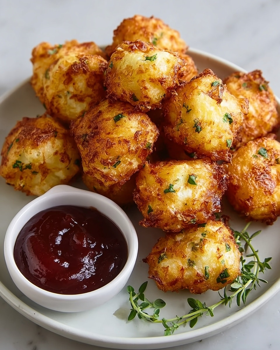 A white plate holds a pile of golden-brown, crispy cheese fritters with small green herb pieces mixed inside. The fritters are unevenly shaped, showing a crunchy texture on the outside. Next to the fritters is a small white bowl filled with thick, dark red dipping sauce. A few sprigs of green herbs lay by the bowl on the plate. The plate sits on a white marbled surface. photo taken with an iphone --ar 4:5 --v 7